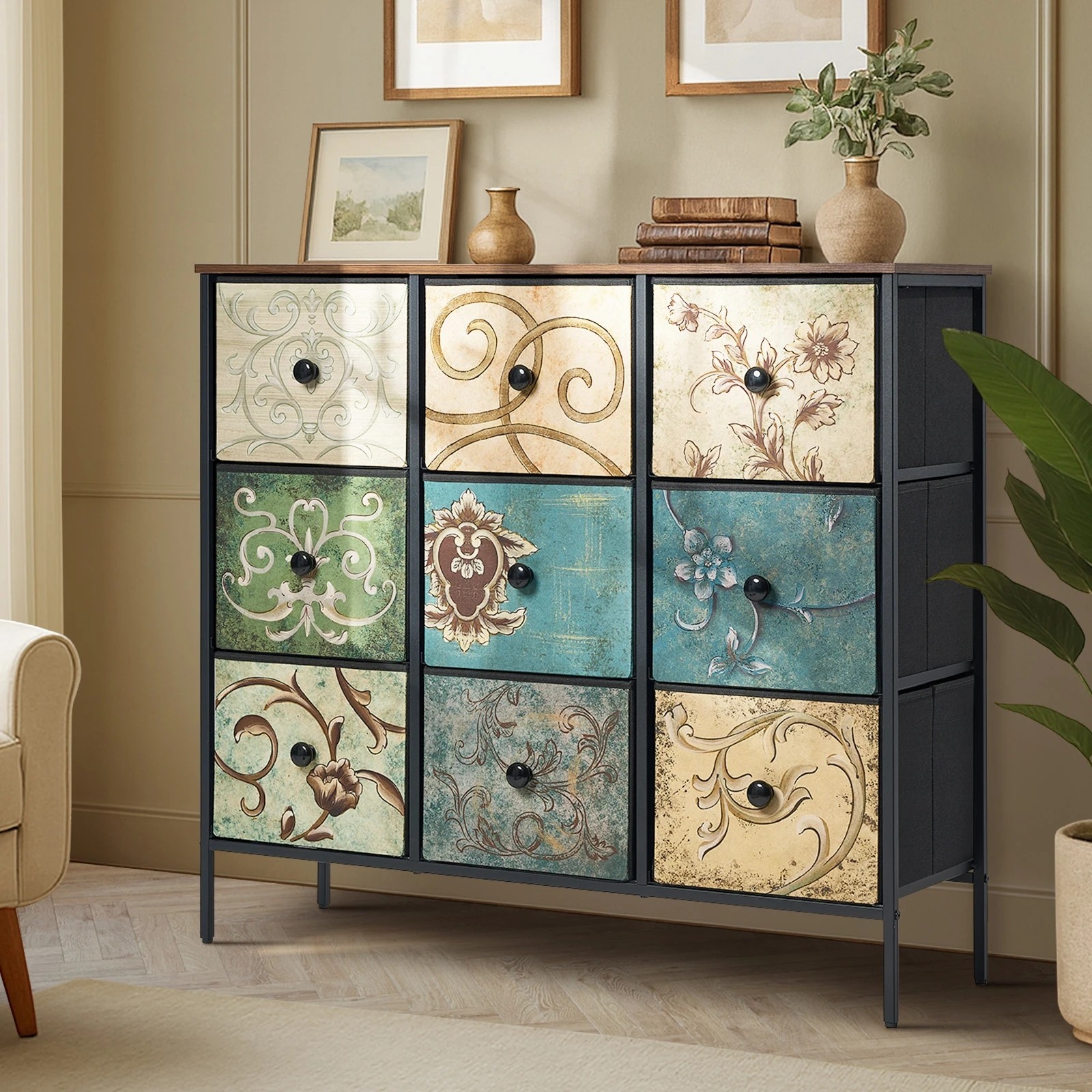 6 Oikiture 9 Chest of Drawers Fabric Storage Cabinet Retro Dresser Vintage Lowboy - Multi, 6 of 6