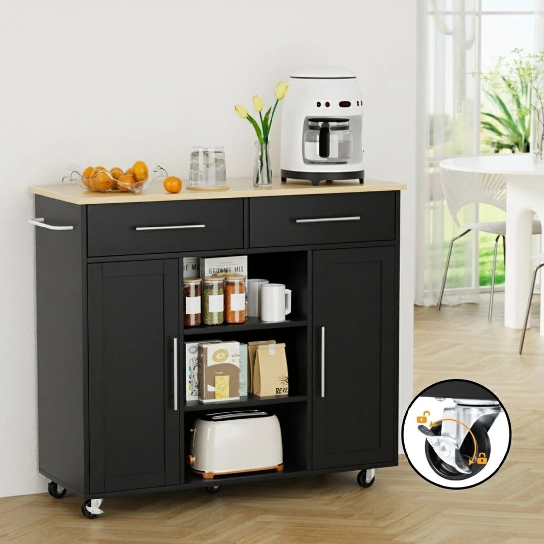 3 Artiss Kitchen Island Trolley Rolling Serving Cart Storage Drawer Cabinet 100cm - Black, 3 of 5