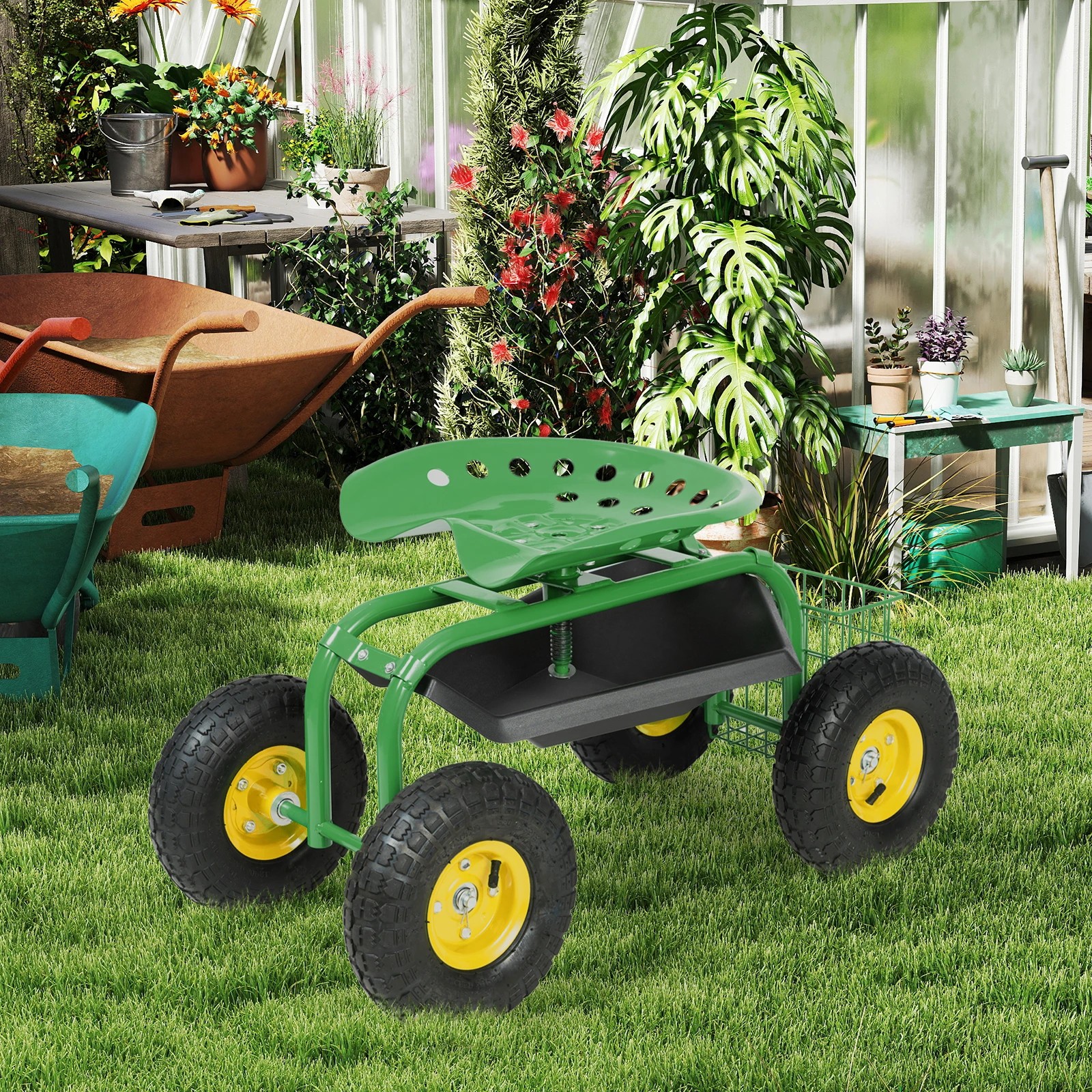 2 Costway Garden Cart Metal Rolling Scooter 360° Swivel Seat w/Storage Basket - Green, 2 of 3