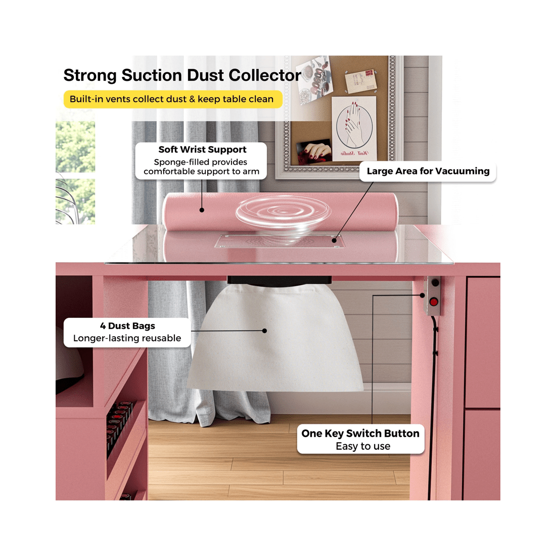 4 Advwin Manicure Table Vanity Desk With Dust Collector Glass Top Storage Cabinet
 - Pink, 4 of 9