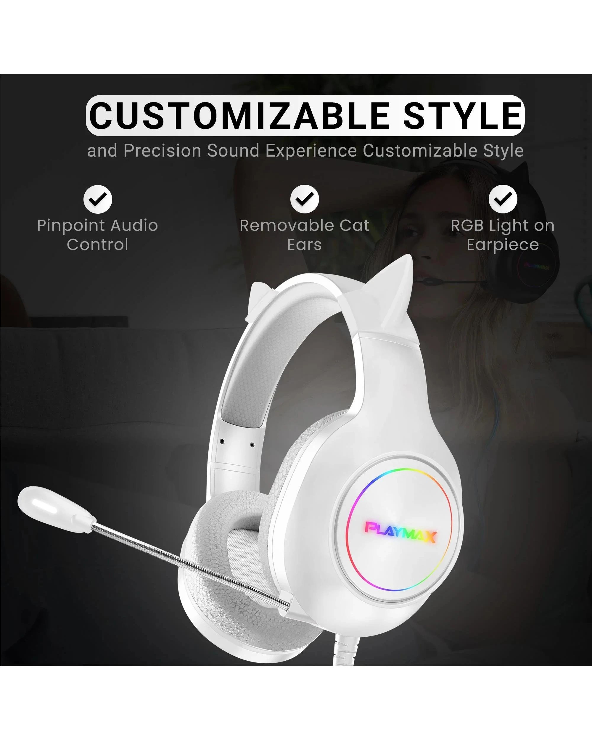 4 Playmax Cat Ear RGB Headset Universal Gaming Headset - White, 4 of 5
