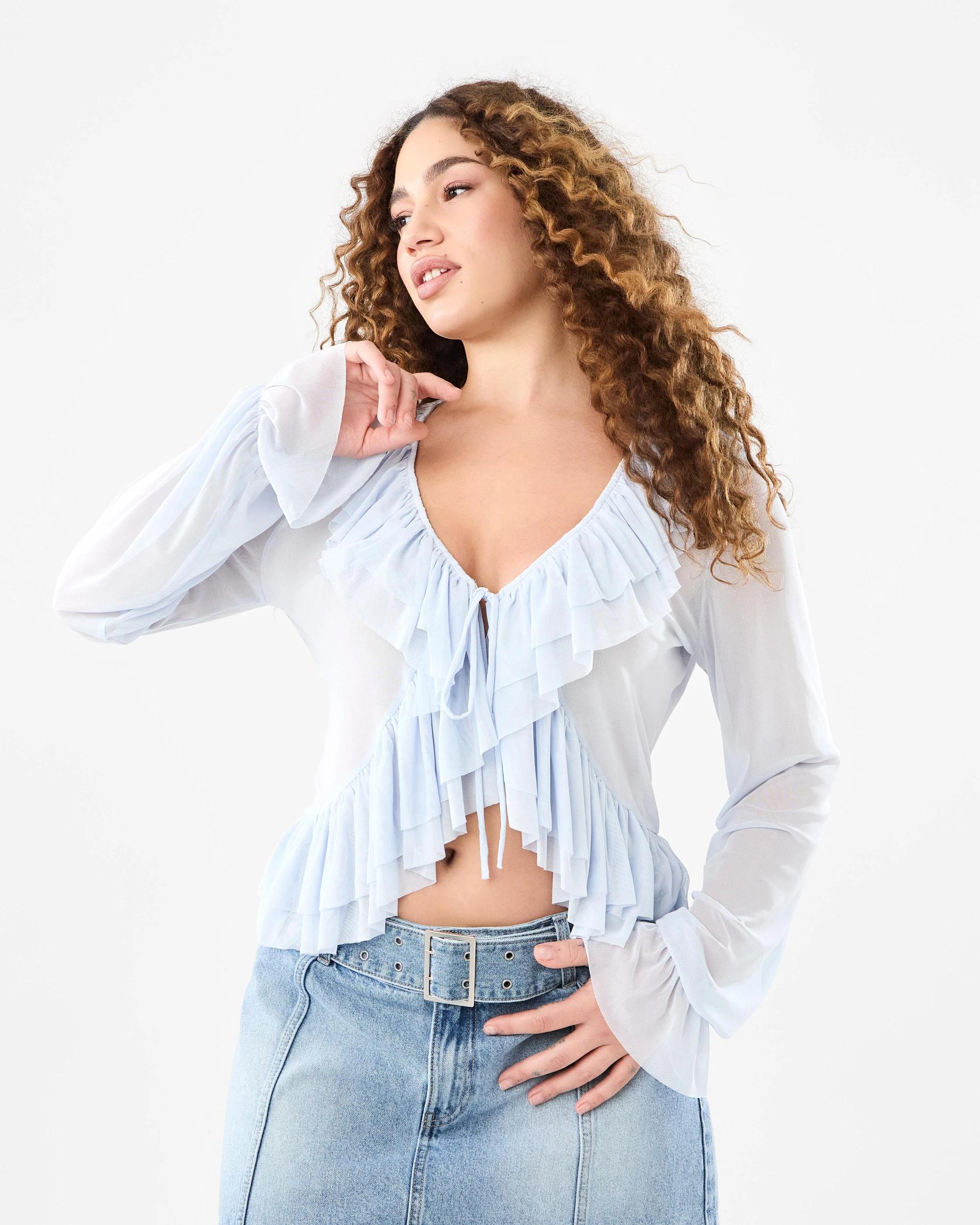 1 Long Sleeve Ruffle Tie Top Powd Blue, 1 of 10