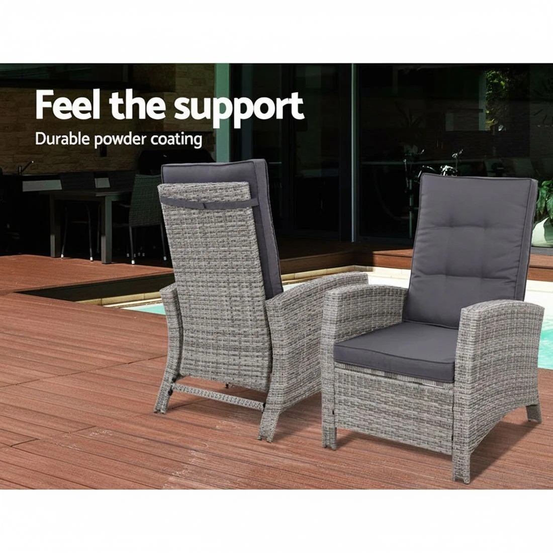 4 Gardeon 3PC Recliner Chairs Table Sun lounge Wicker Outdoor Furniture Adjustable - Grey, 4 of 6