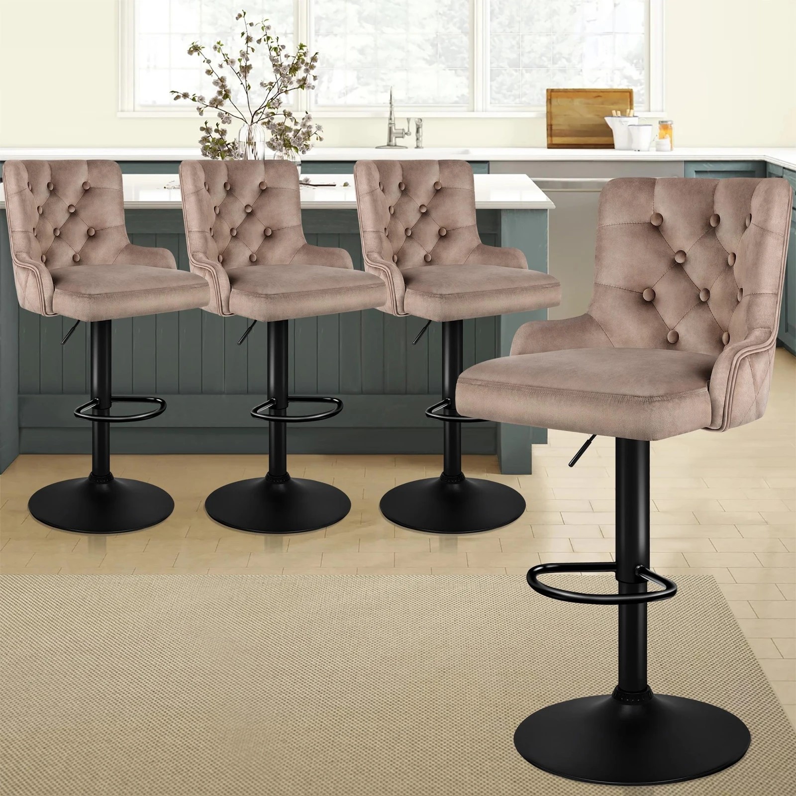 9 Alfordson 4x Bar Stools Gas Lift Velvet Bar Chairs Kitchen Swivel Bella - Brown, 9 of 10