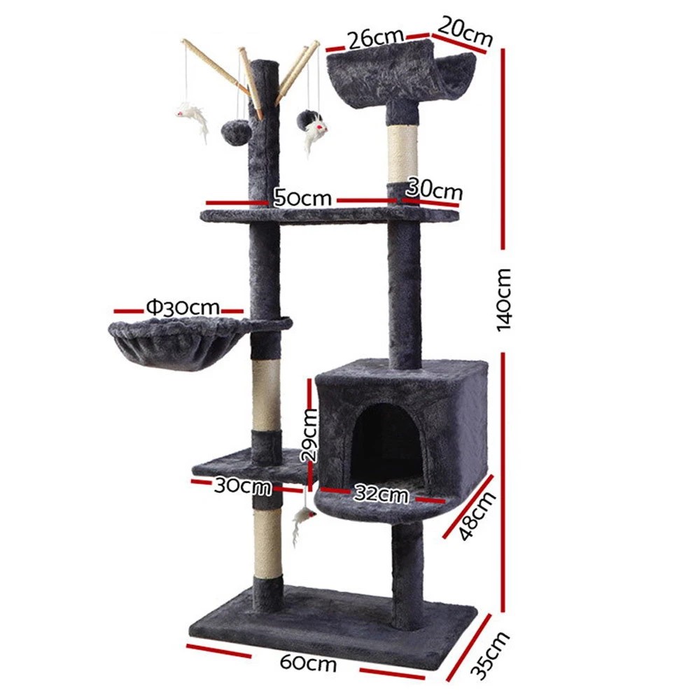 2 i.Pet Cat Tree 140cm Tower Scratching Post Scratcher Trees Toys Condo Bed - Grey, 2 of 6