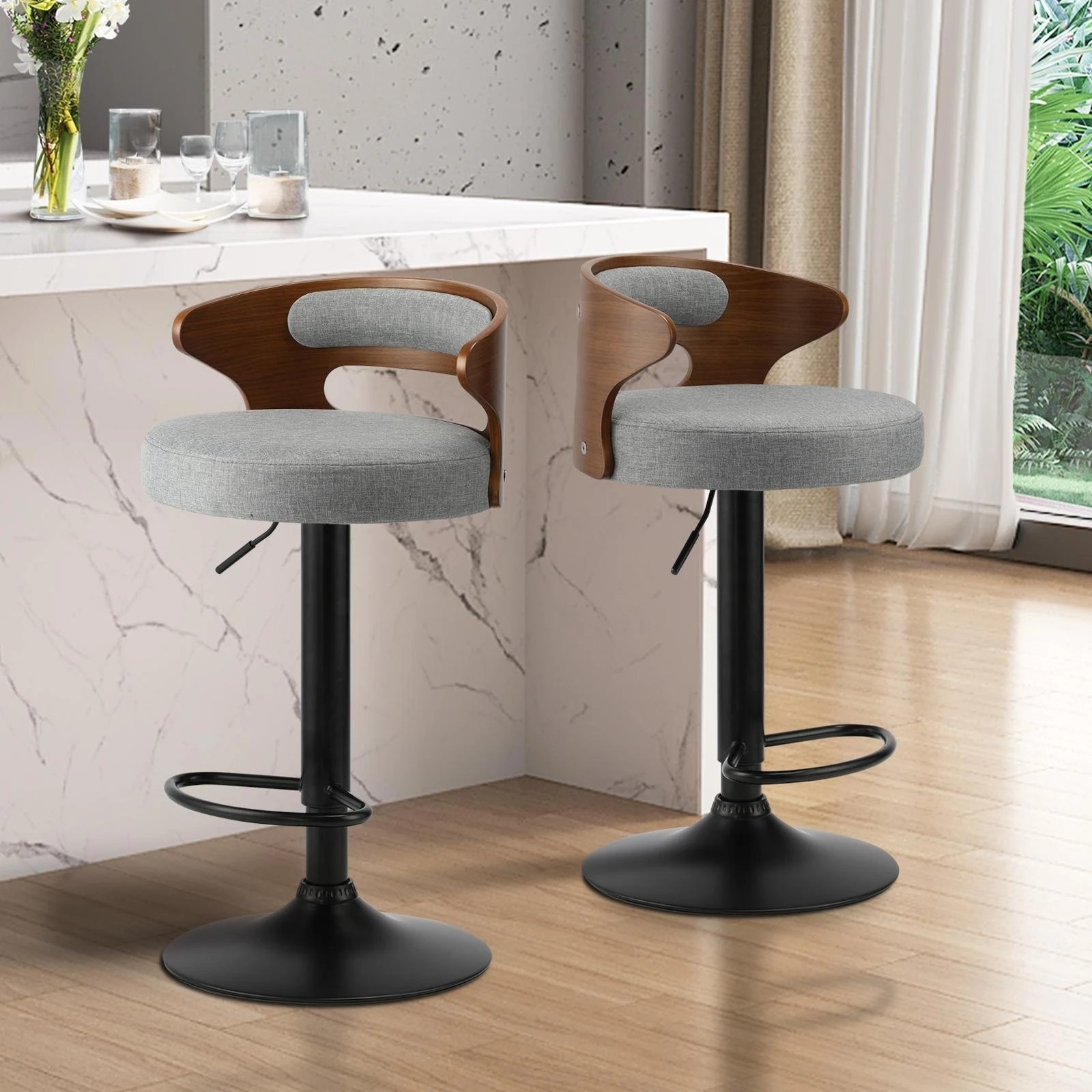 3 Oikiture Set Of 4 Bar Stools Kitchen Gas Lift Swivel Chairs Stool Barstool
 - Grey, 3 of 10