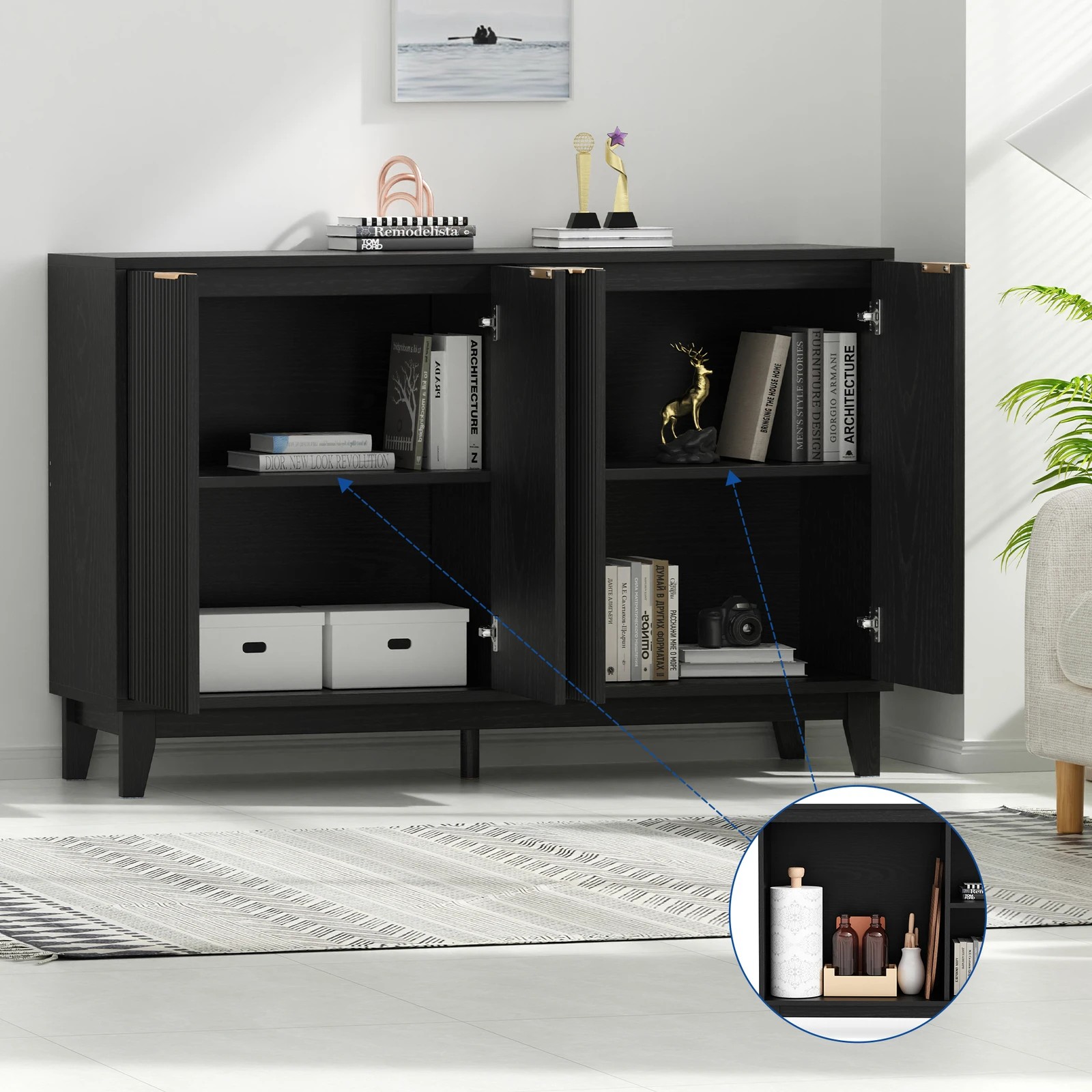 3 Alfordson Buffet Sideboard Storage Cabinet Kitchen Cupboard Hallway Table Shelf - Black, 3 of 10