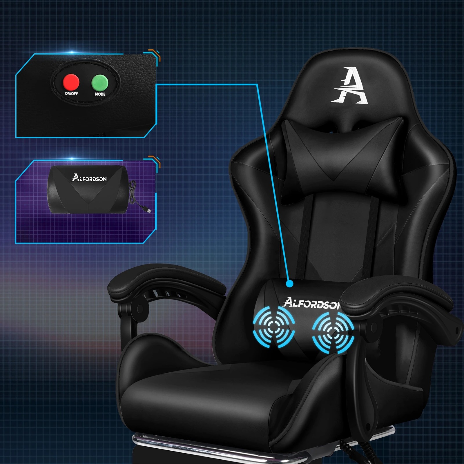 3 Alfordson Gaming Office Chair Massage Computer Footrest Seat Leather - All Black, 3 of 10