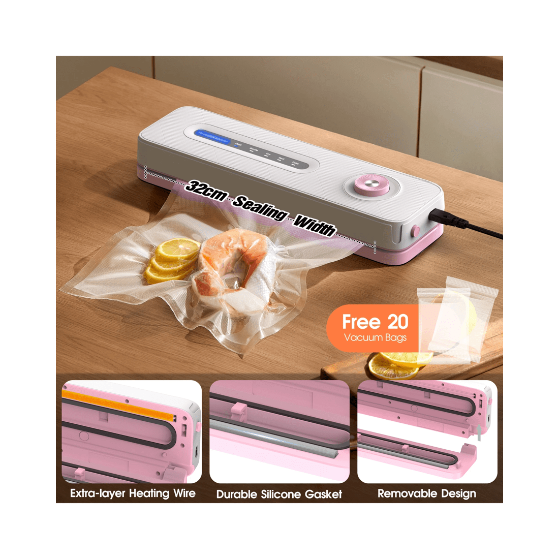 6 Advwin Vacuum Sealer Machine, 60kpa Food Sealer With 20 Vacuum Bags, Pink, 6 of 7