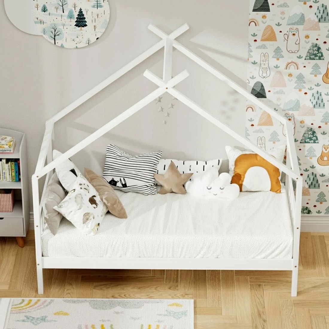 5 Artiss Bed Frame Wooden Base Kids Single Timber House Beds - White, 5 of 10