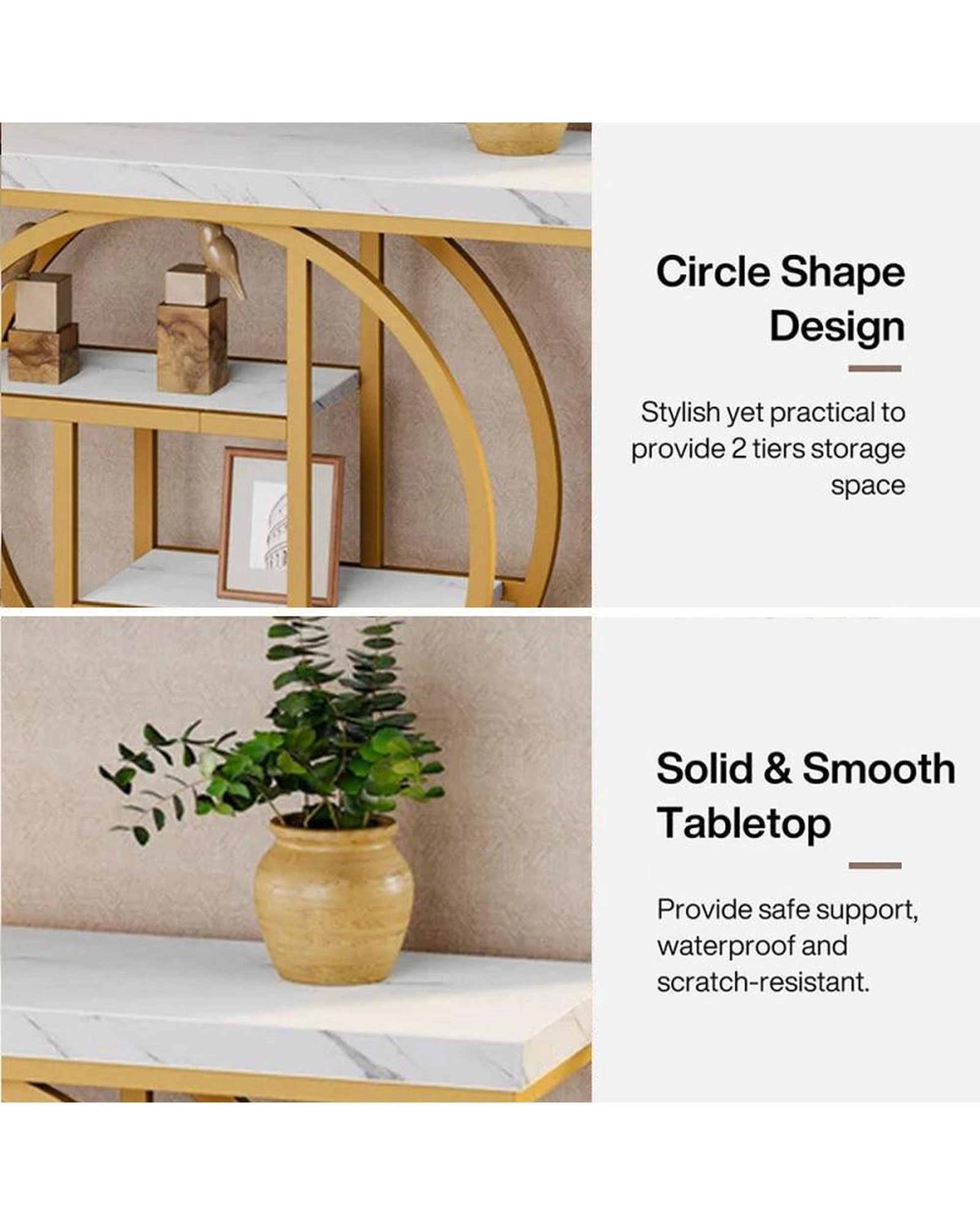 6 OAKORY 105cm Industrial Console Table with Gold Circular Metal Base 4-Tier Shelves in White, 6 of 7