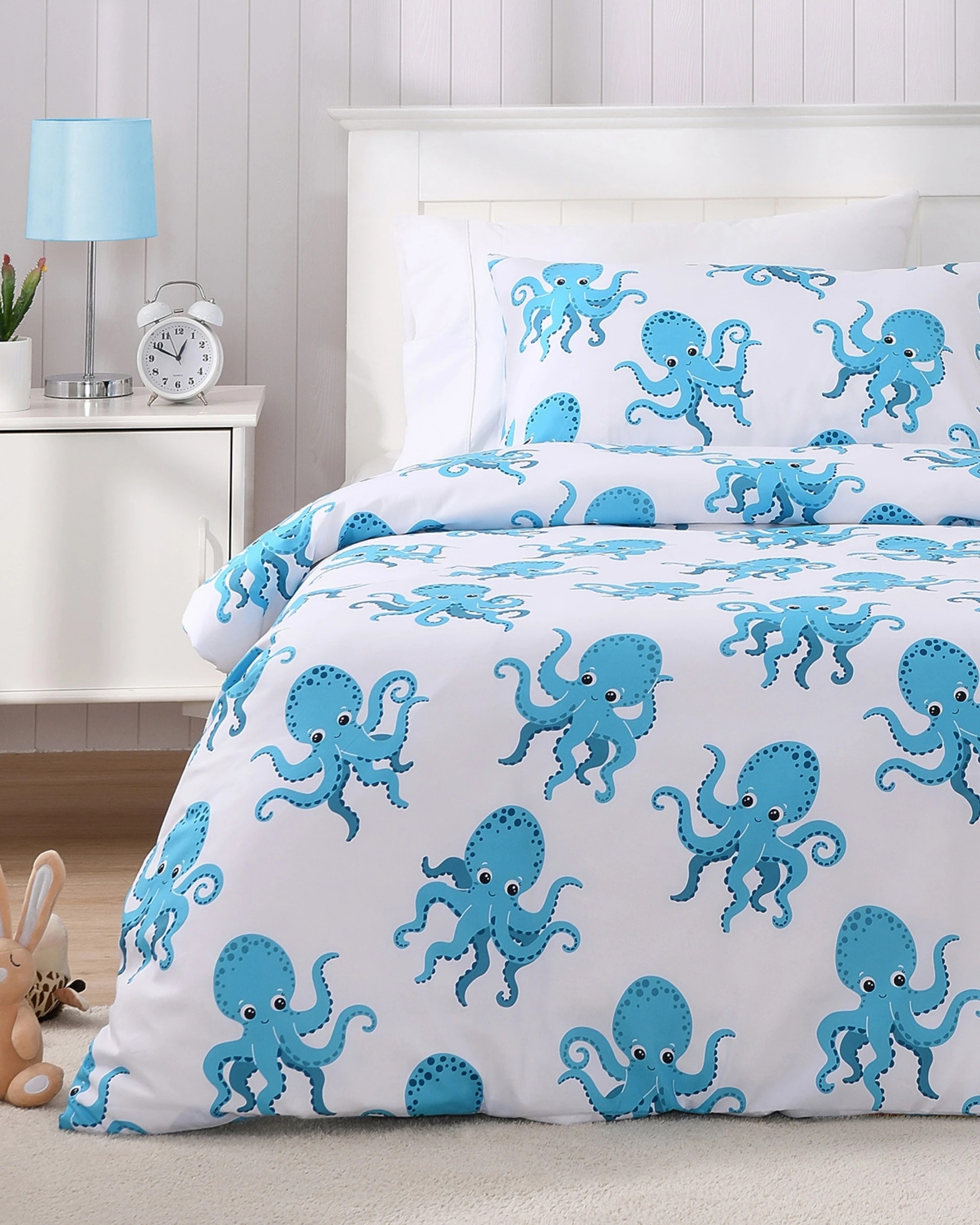 1 Jack & Ava Ollie the Octopus Kids Reversible Quilt Cover Set - King Single Bed - Blue, 1 of 10