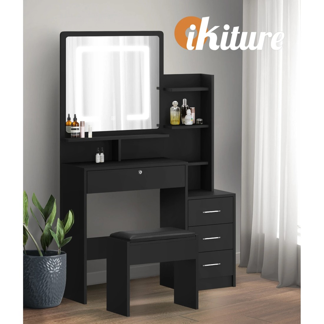 6 Oikiture Dressing Table Stool Set Makeup Mirror Led Light Storage Cabinet
 - Black, 6 of 9