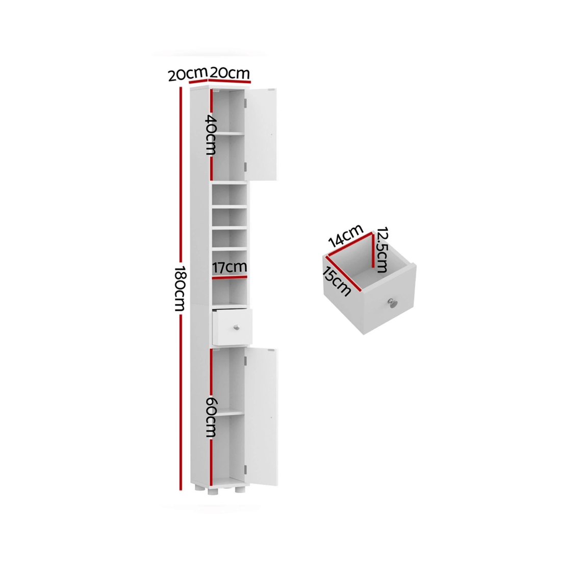 2 Artiss Tall Bathroom Storage Cabinet 180cm Slim Linen Tower Adjustable Shelves Durable Space Saving Organizer - white, 2 of 8