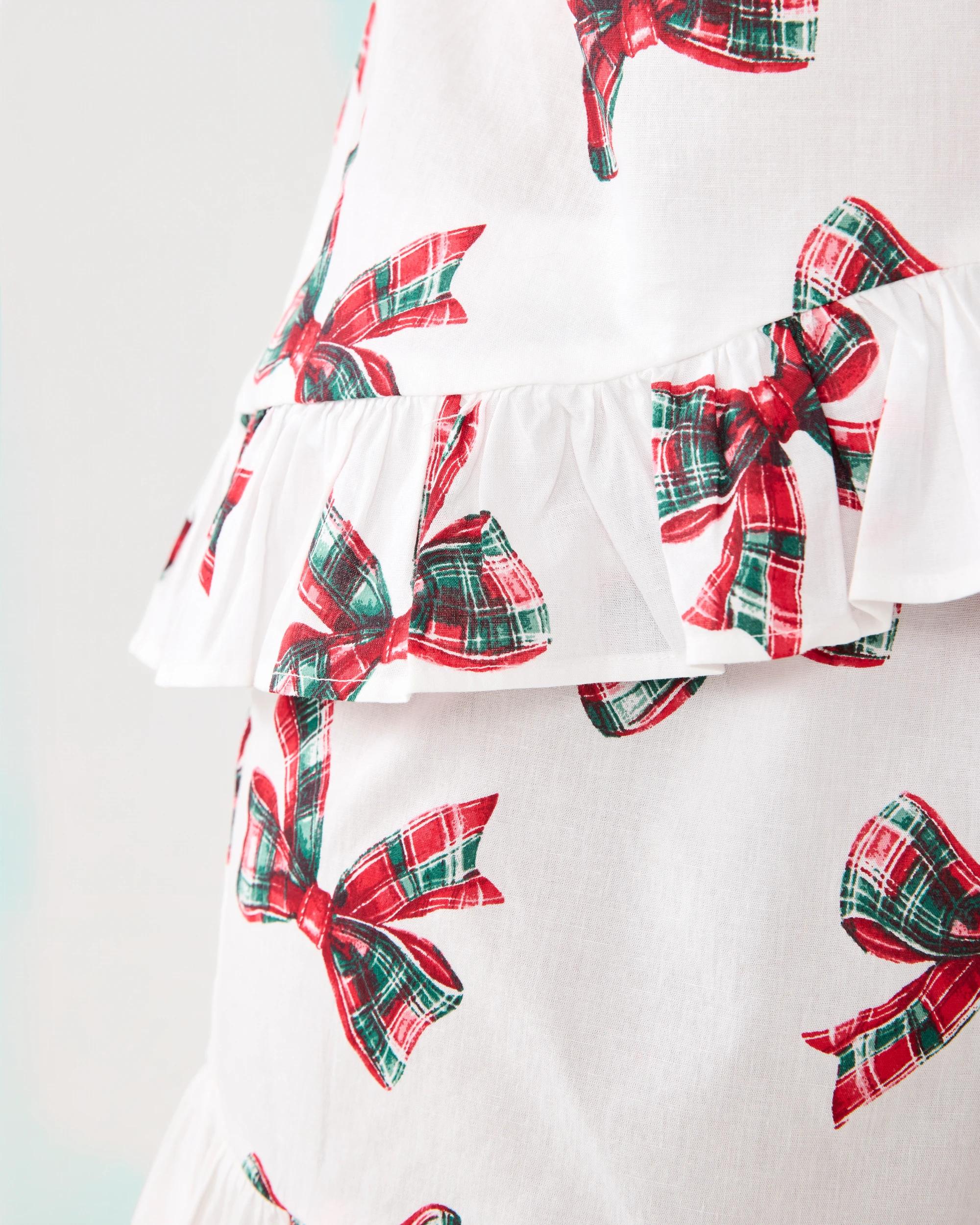 8 Short Sleeve Ruffle Woven Top & Shorts Pyjama Set Xmas Bows, 8 of 10