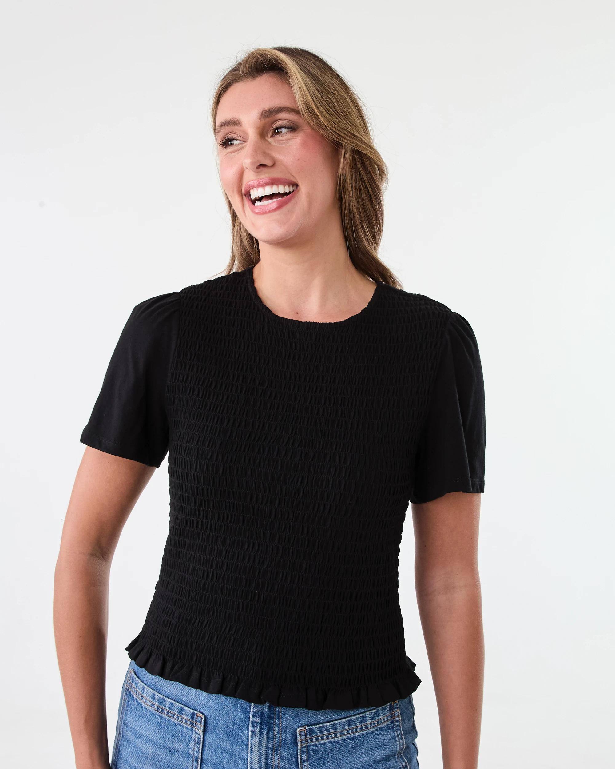 1 Short Sleeve Shirred Flutter Top Black, 1 of 6