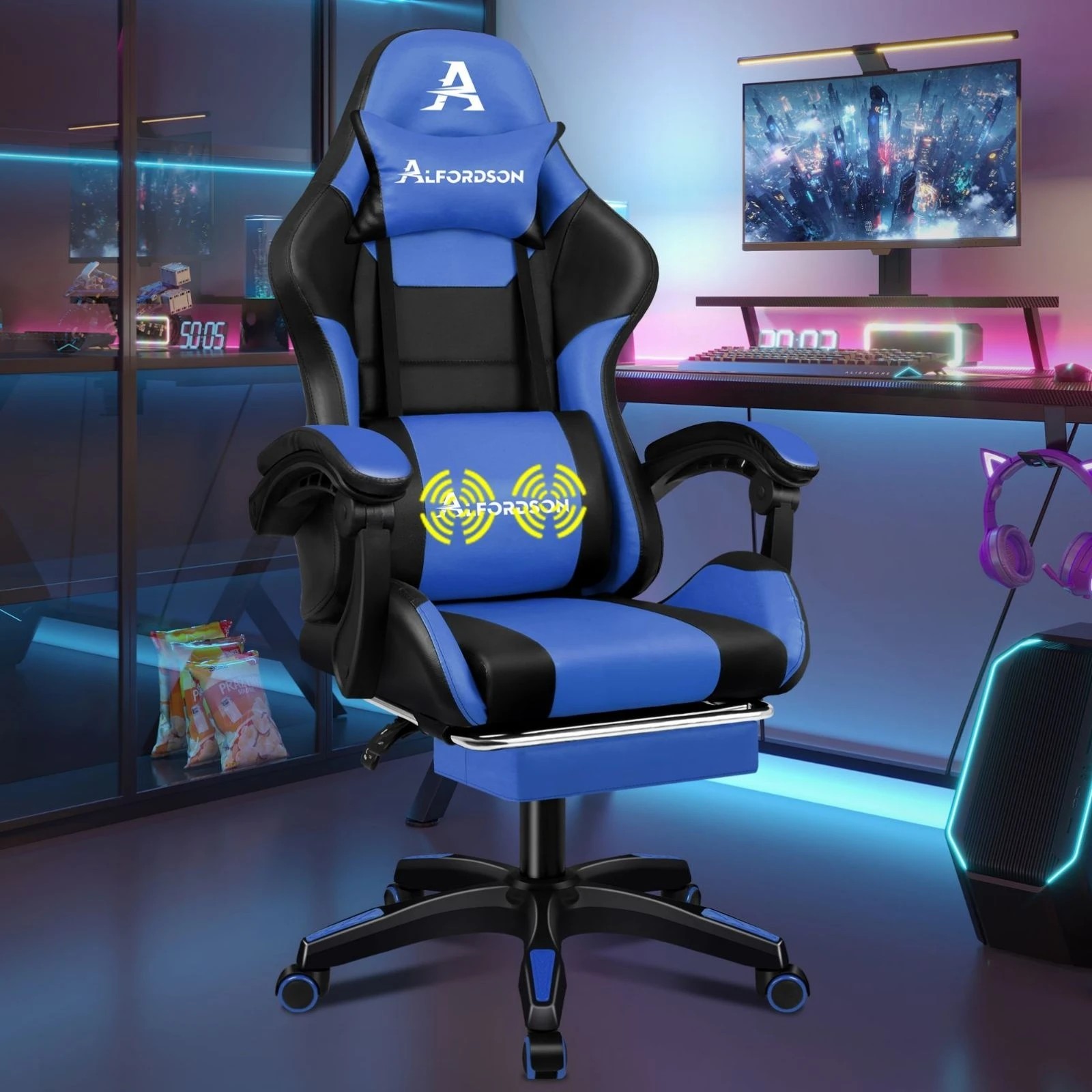 2 Alfordson Gaming Office Chair Extra Large Pillow Racing Executive Footrest Seat - Blue, 2 of 10