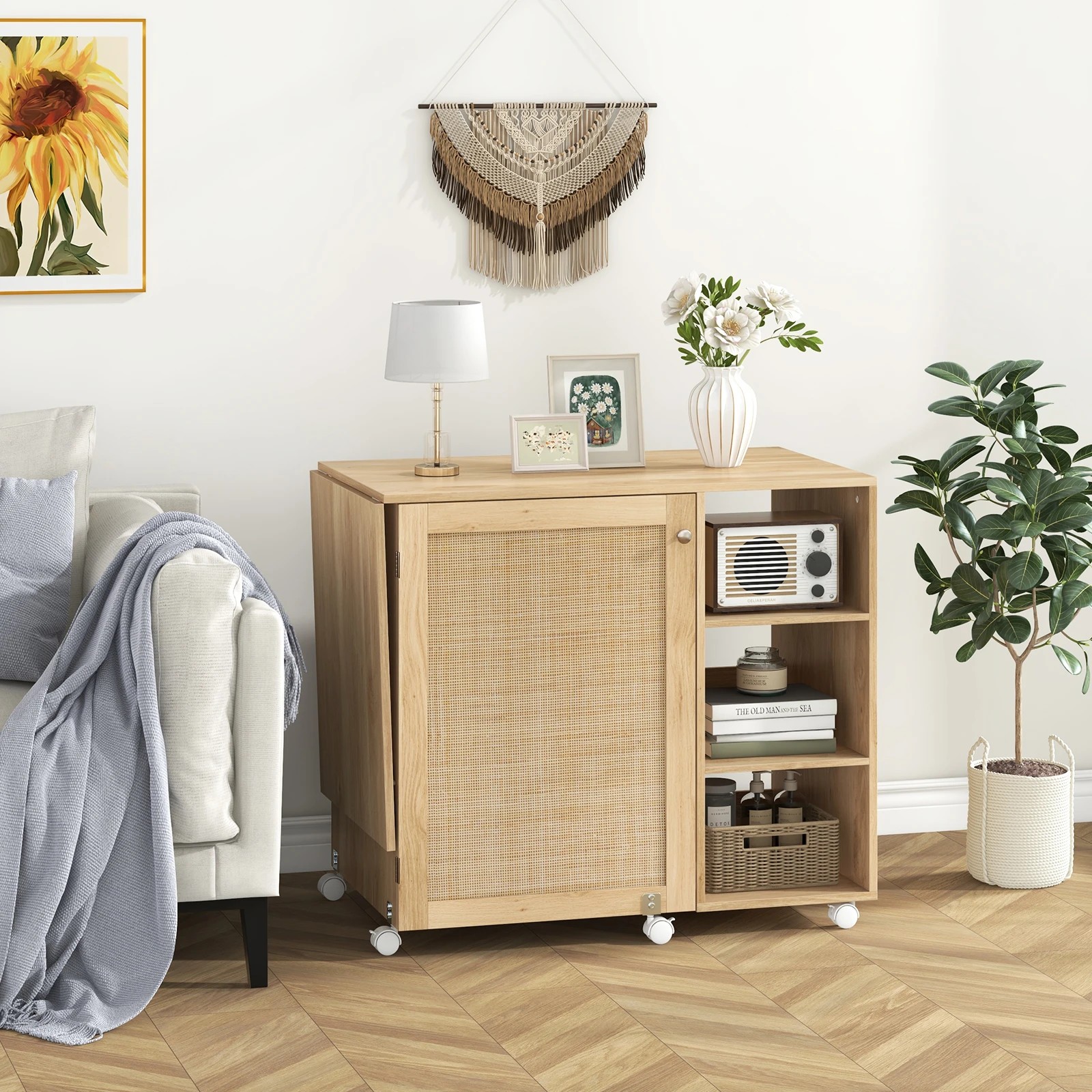 2 Costway Folding Sewing Table w/Rattan Door Multipurpose Craft Station - Natural, 2 of 2