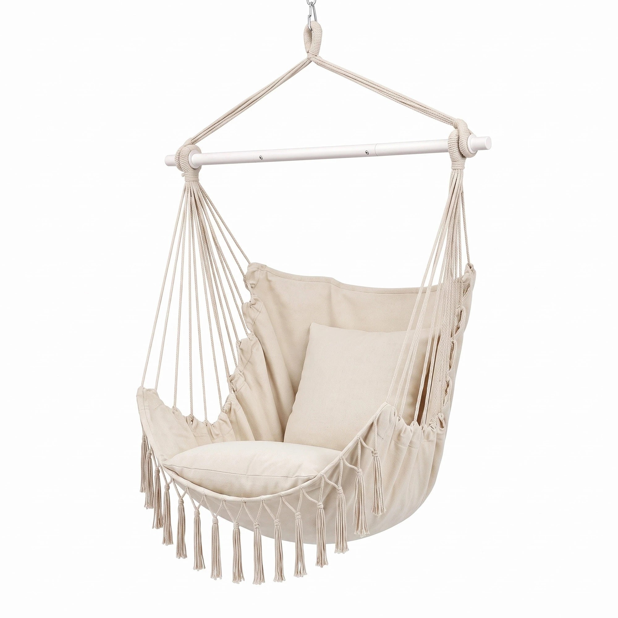 1 Gardeon Hammock Chair Camping Macrame Hanging Swing with Cushions Tassels 120kg Capacity - Beige, 1 of 8