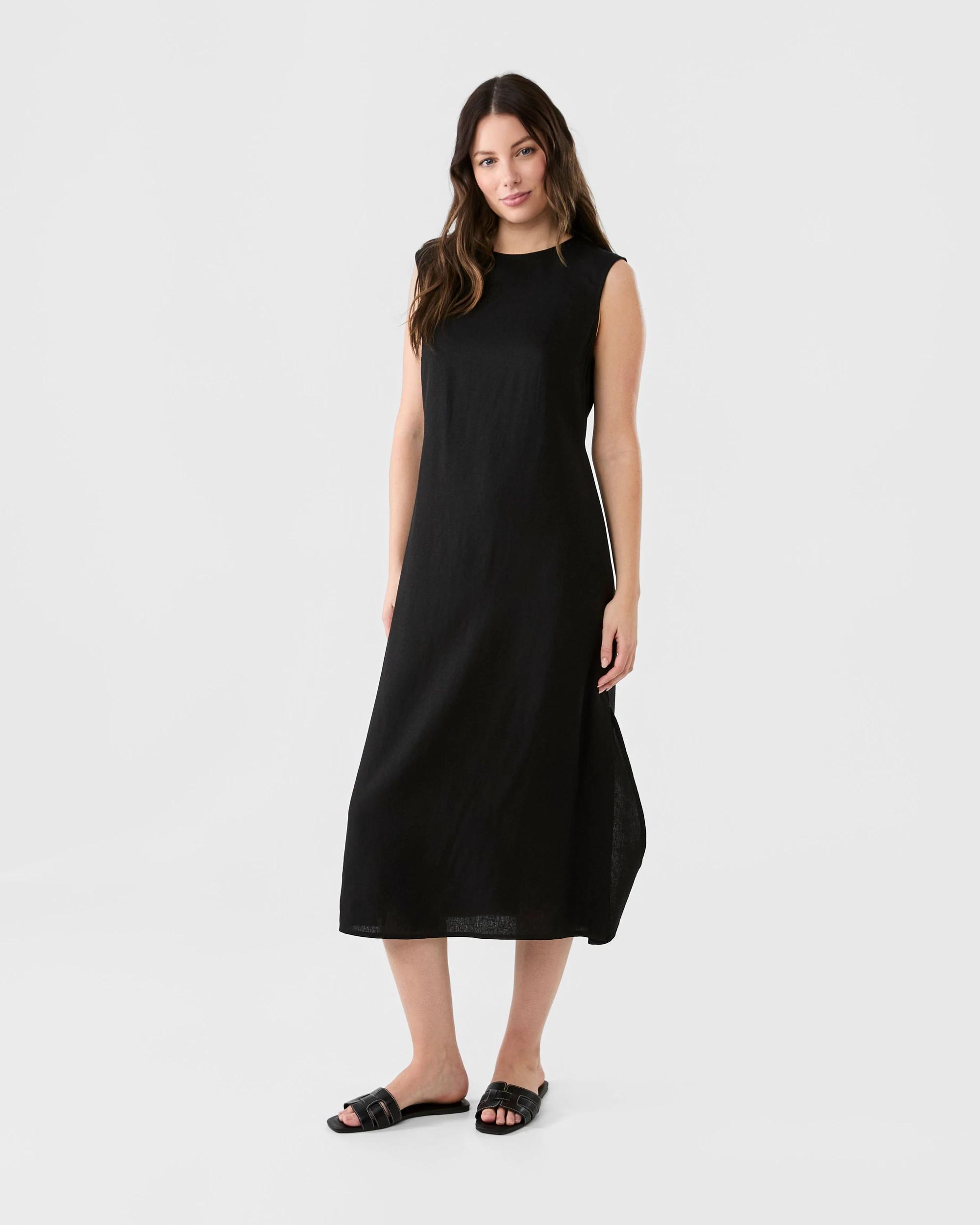 2 Sleeveless Linen Blend Crew Tie Back Midi Dress Black, 2 of 6