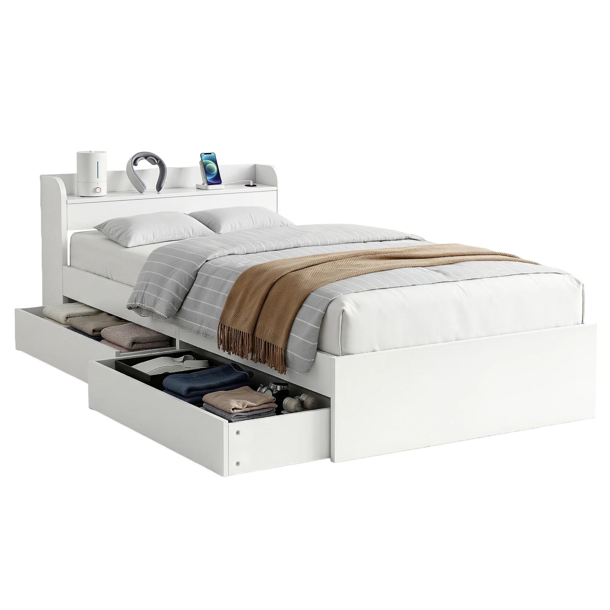 1 Artiss Bed Frame King Single Size with Charging Ports and 2 Drawers - White, 1 of 3