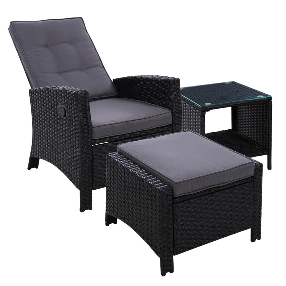 1 Gardeon 3PC Recliner Chairs Table Sun lounge Wicker Outdoor Furniture Adjustable - Black, 1 of 7