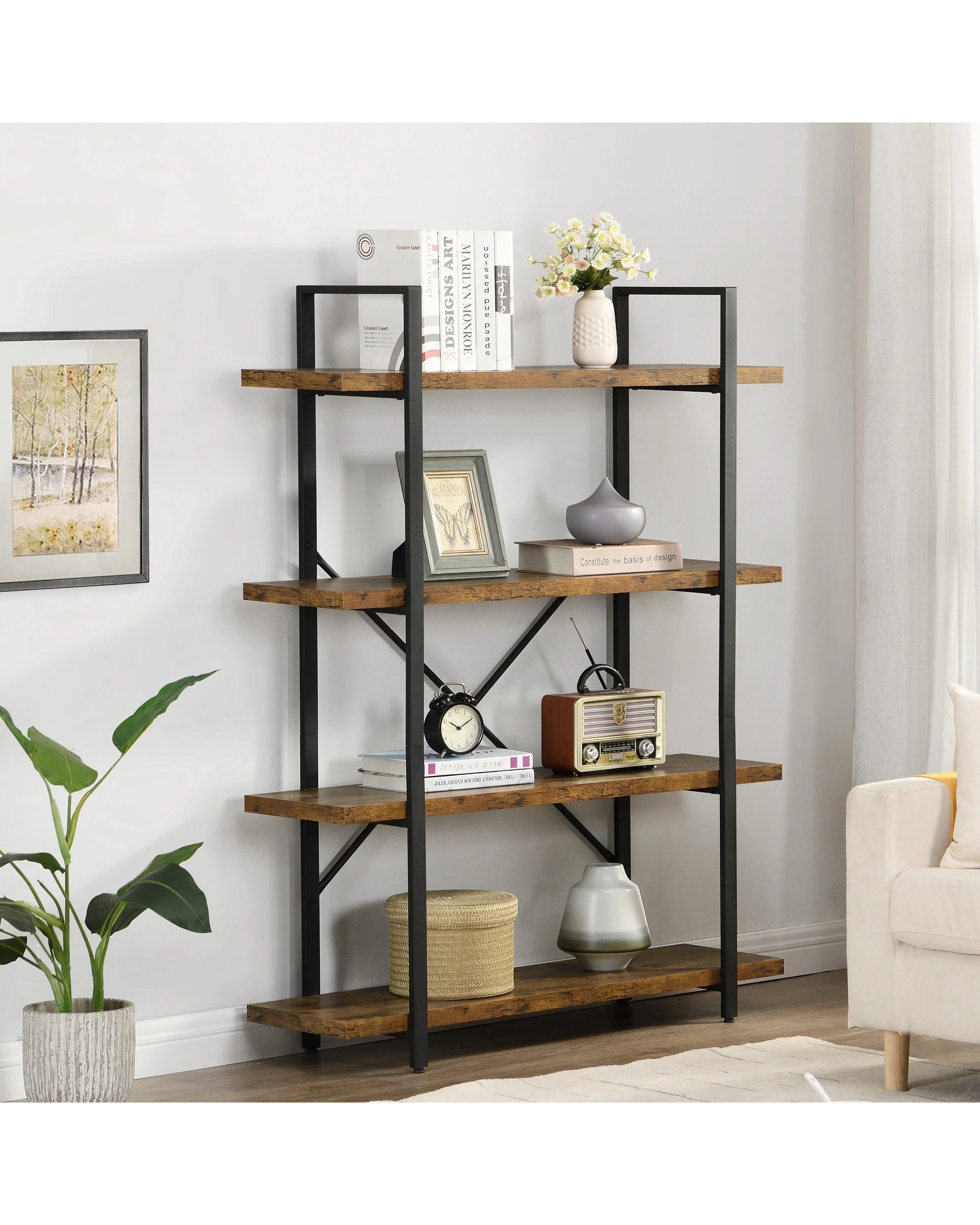2 IHOMDEC 4 Tier Industrial MDF Steel Bookshelf, 2 of 5
