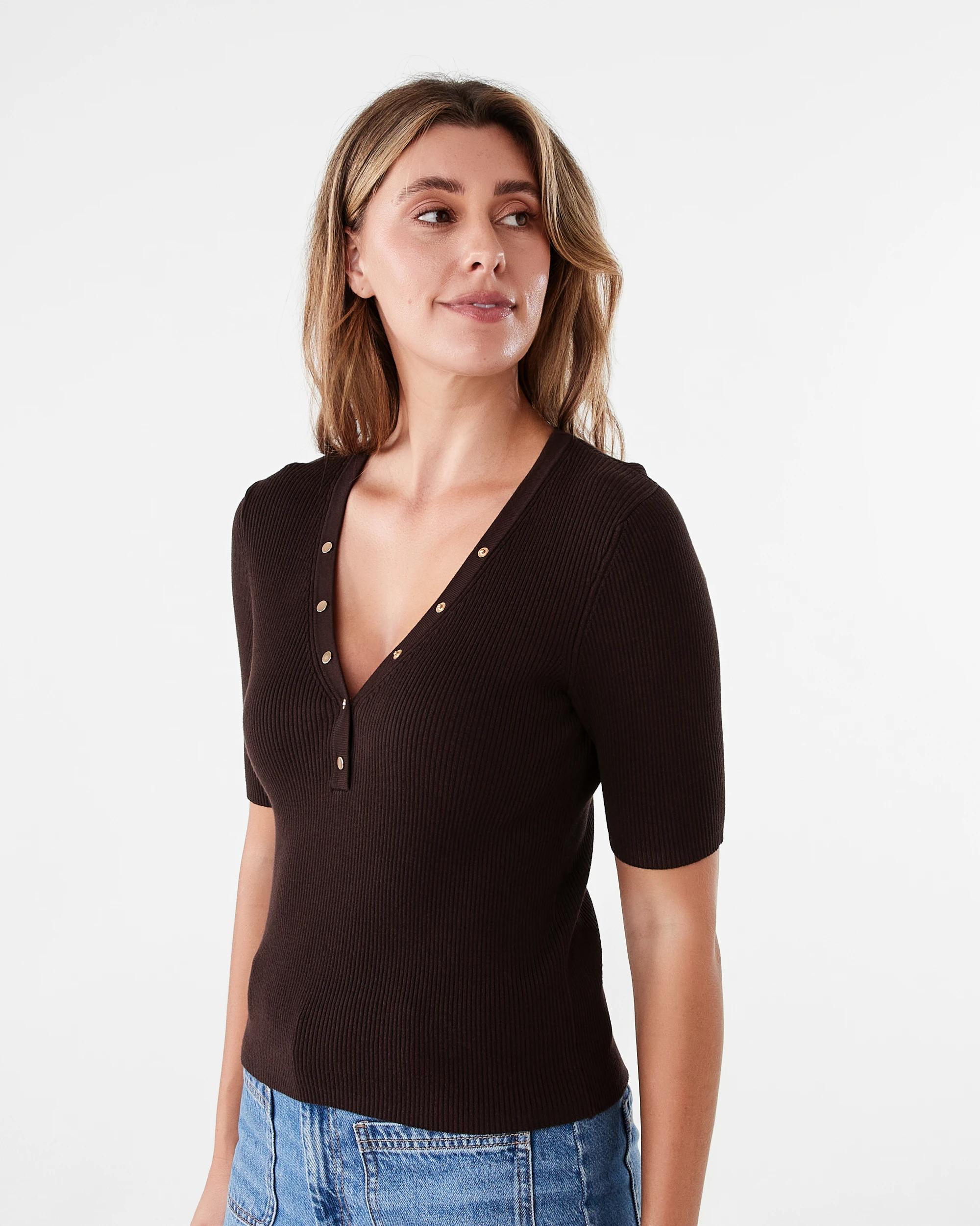 2 Short Sleeve True Knit Henley Top Melt Brown, 2 of 6