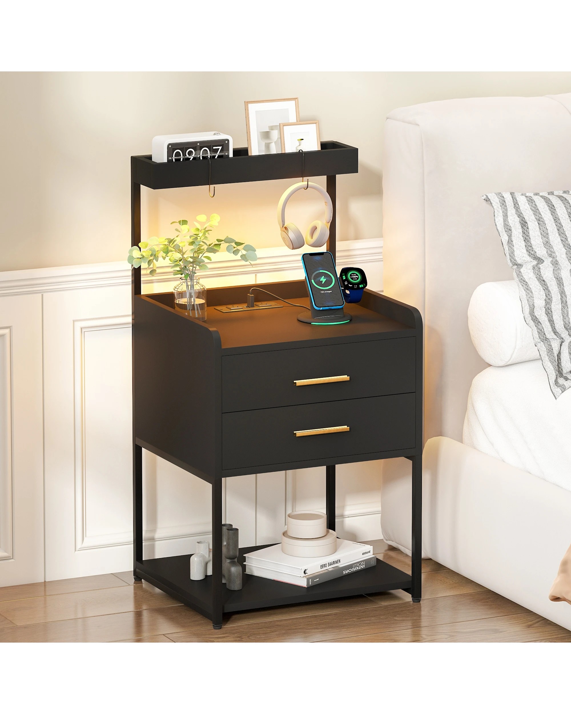 2 Advwin Bedside Table with Charging Station Led Lights 2 Drawers Open Shelves - Black, 2 of 7