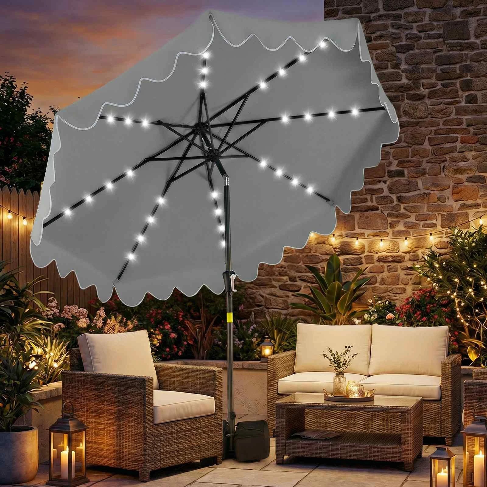 3 Costway 2.7M Outdoor Patio Umbrella Tilt w/32 Solar LED Lights & Weighted Base - Grey, 3 of 3