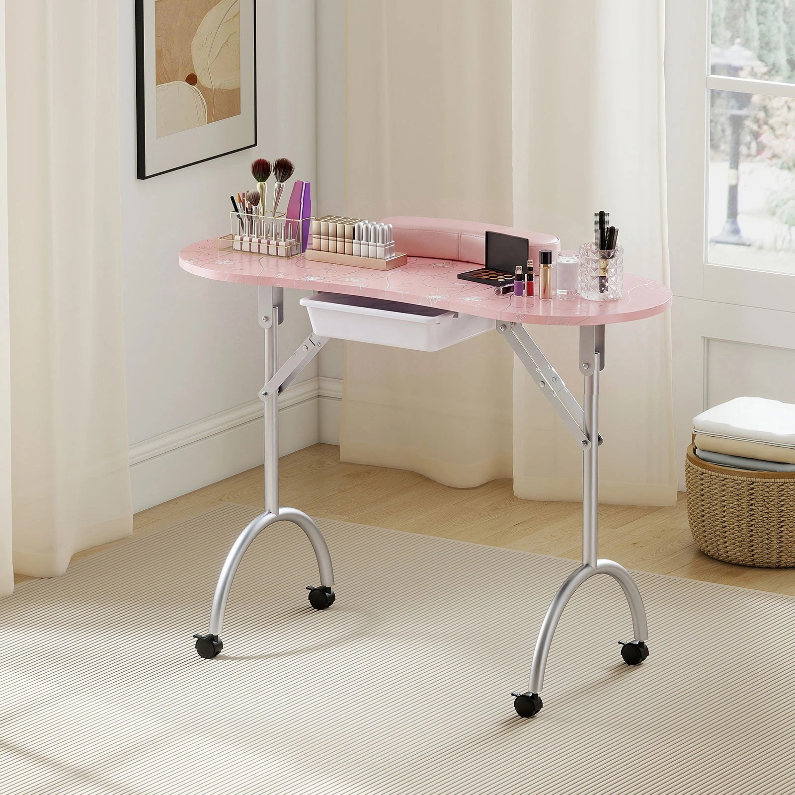 4 Costway Foldable Manicure Table w/Wheels Professional Nail Technician Desk - Pink, 4 of 5