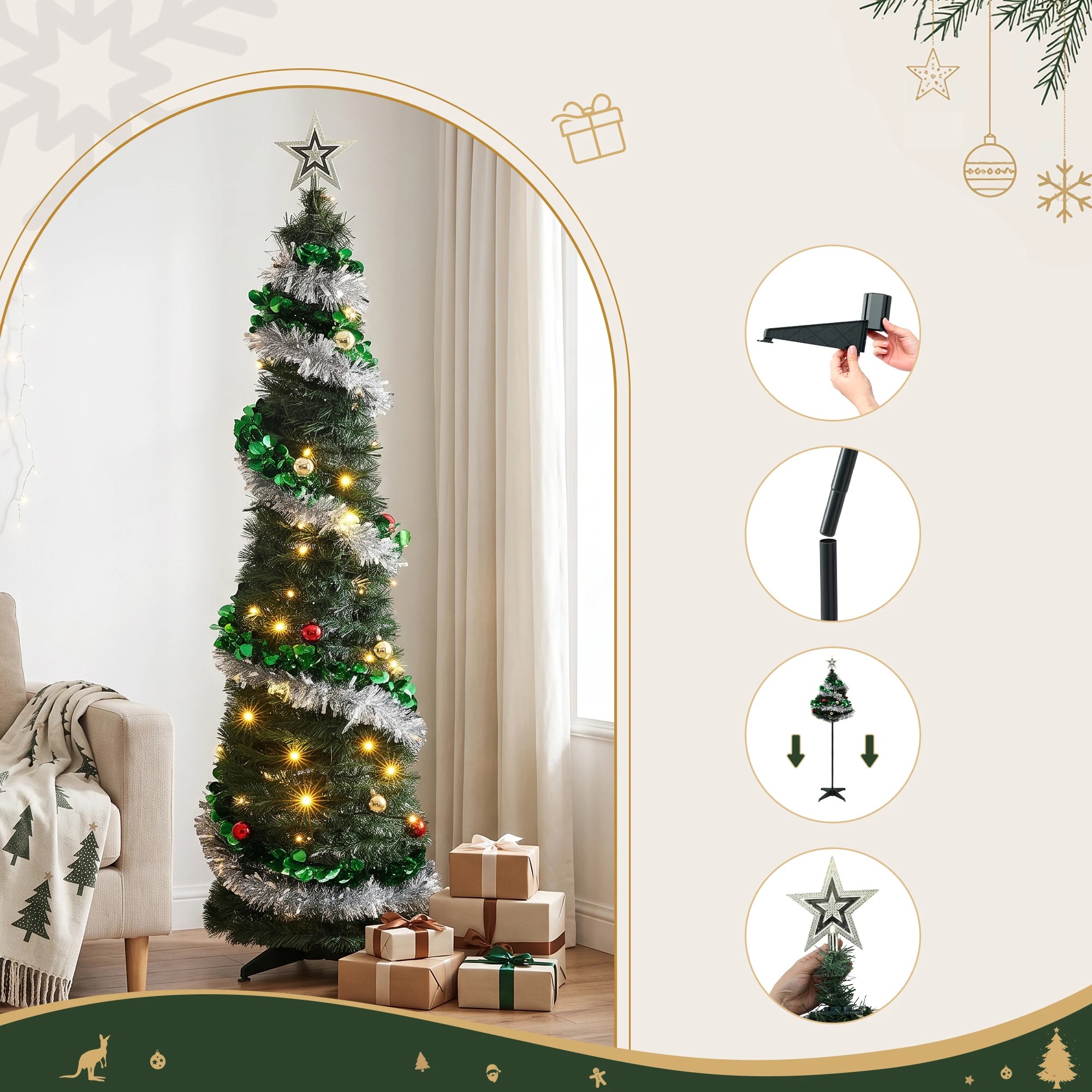 6 Jingle Jollys Pop Up Christmas Tree Pre Decorated Warm LED 155cm - Multi, 6 of 10