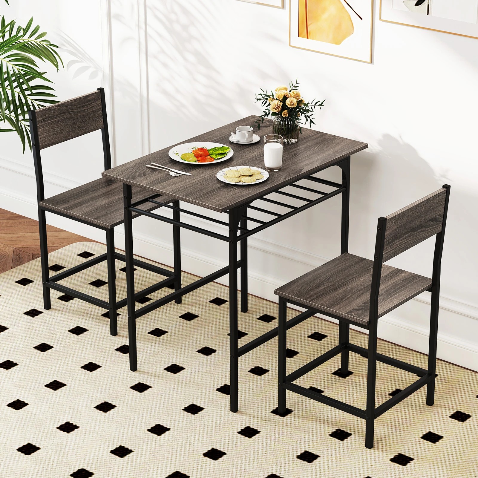 3 Costway 3PCS Kitchen Rectangular Dining Table Chair Set w/Metal Frame & Storage Rack - Grey, 3 of 4