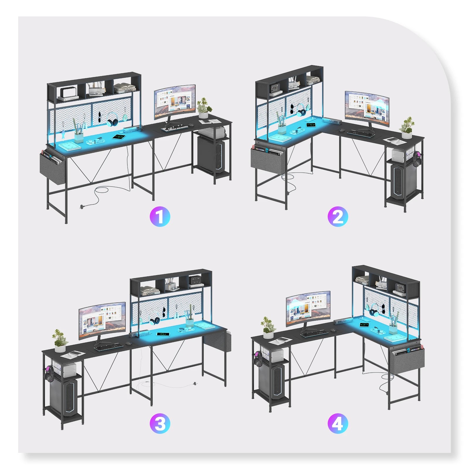 5 Advwin L Shaped Gaming Desk with LED Lights & Power Outlets Reversible Computer Desk with Storage Shelf - Black, 5 of 7
