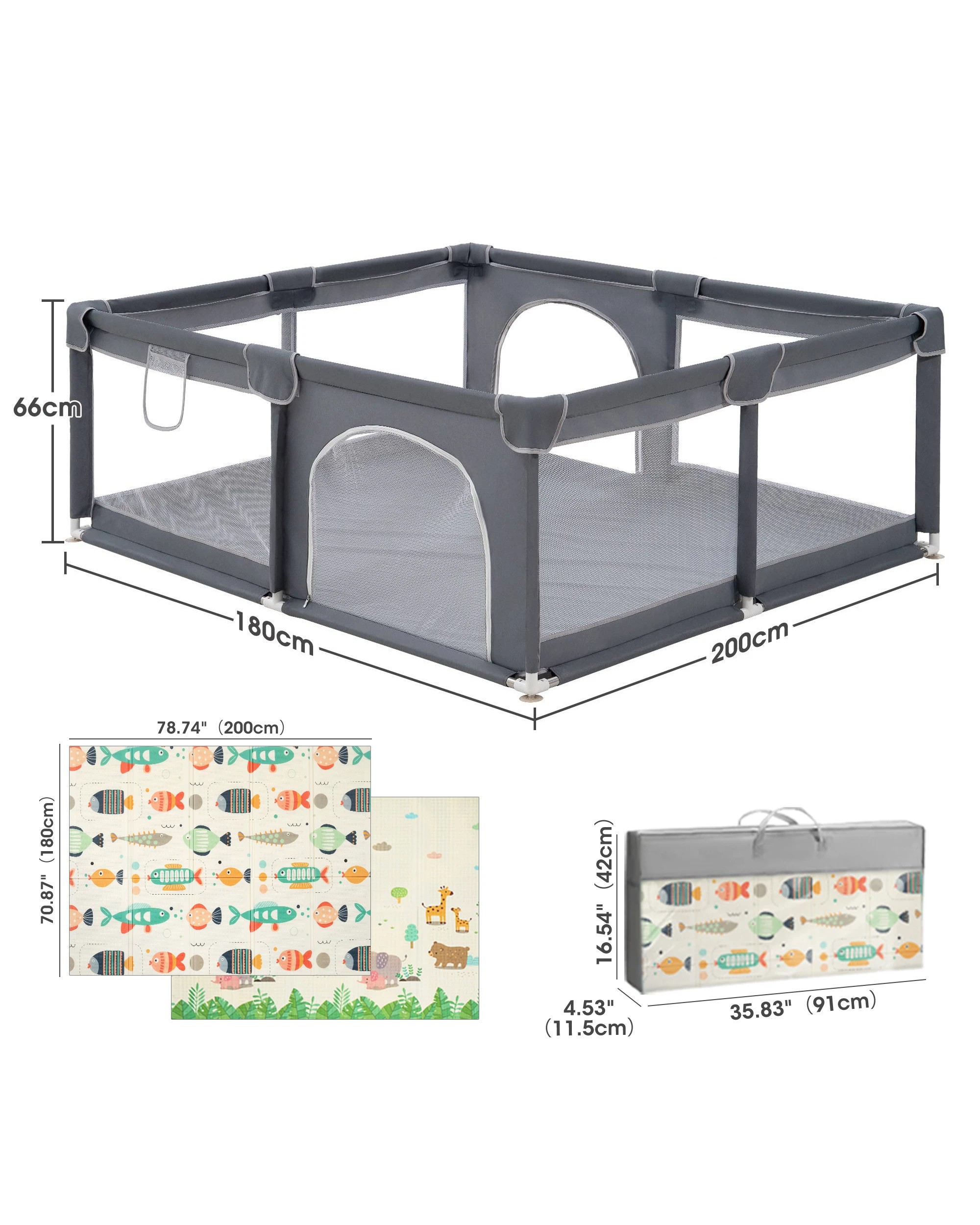 10 Playpals Baby Playpen 2 Door Mesh Toddler Fence 180x200cm w/ Play Mat Fish, 10 of 10