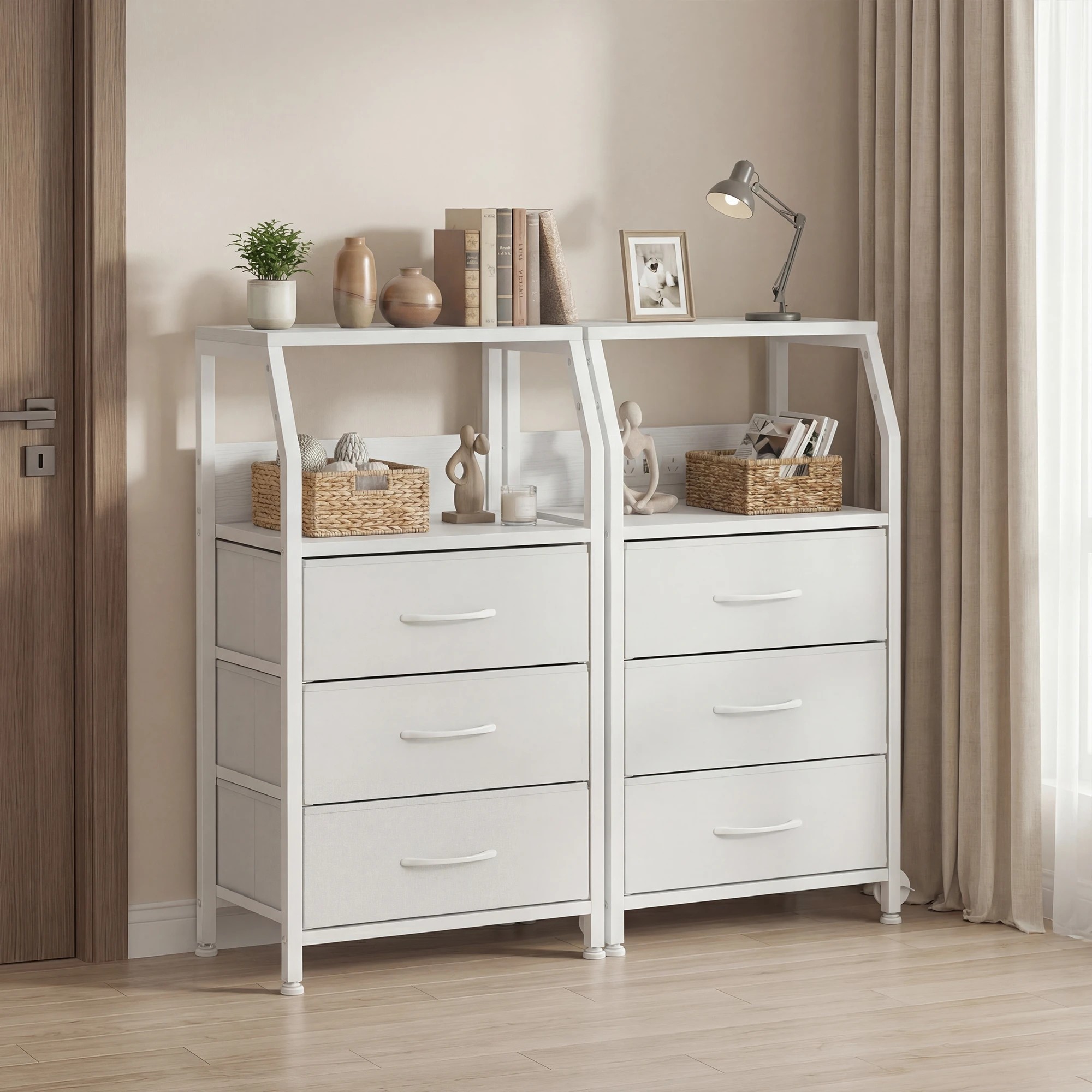 2 Advwin Set of 2 Bedside Table with Charging Station 3 Fabric Drawers Nightstand - White, 2 of 10