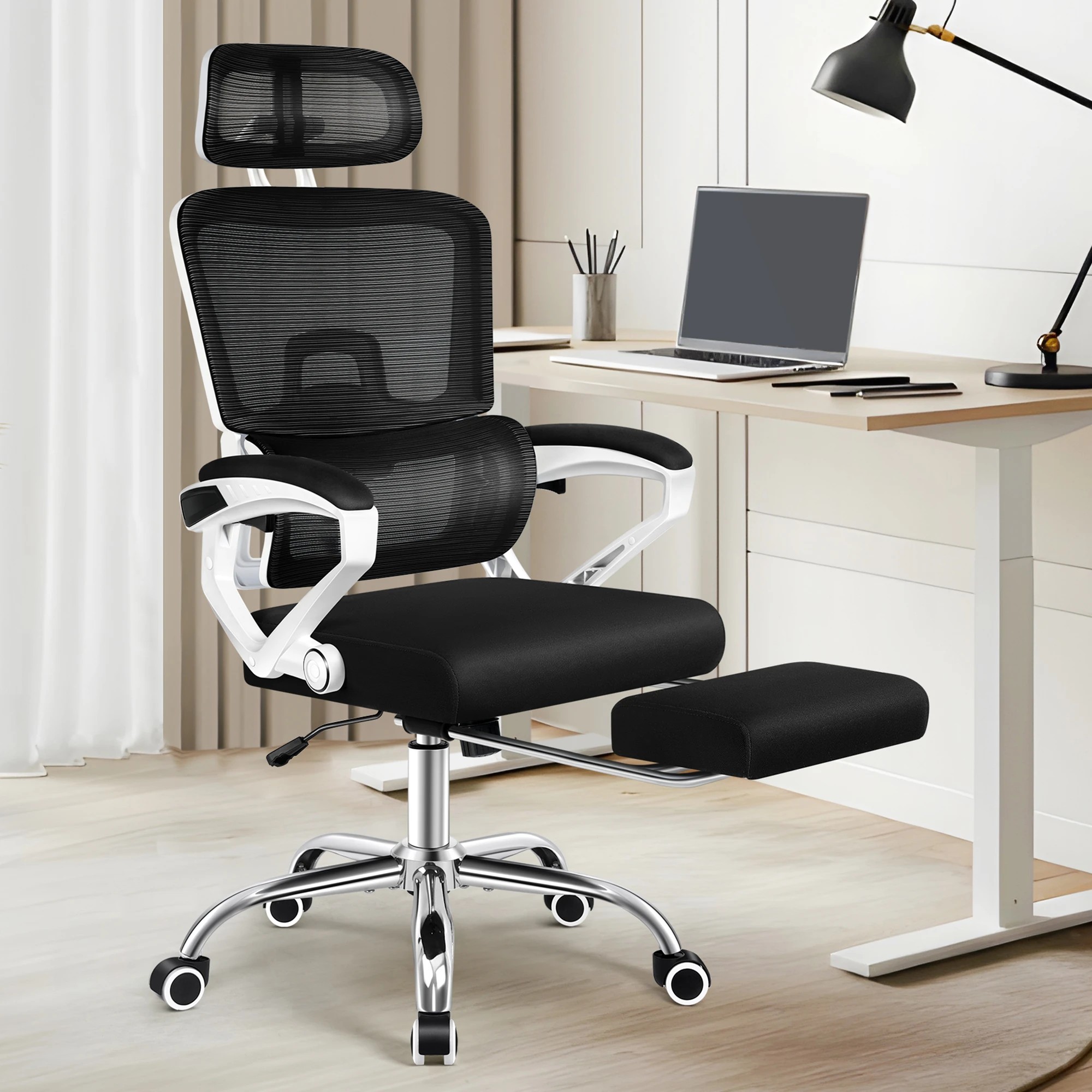 2 Alfordson Mesh Office Chair Racing Ergonomic Executive Computer Recliner Work - White Black, 2 of 10