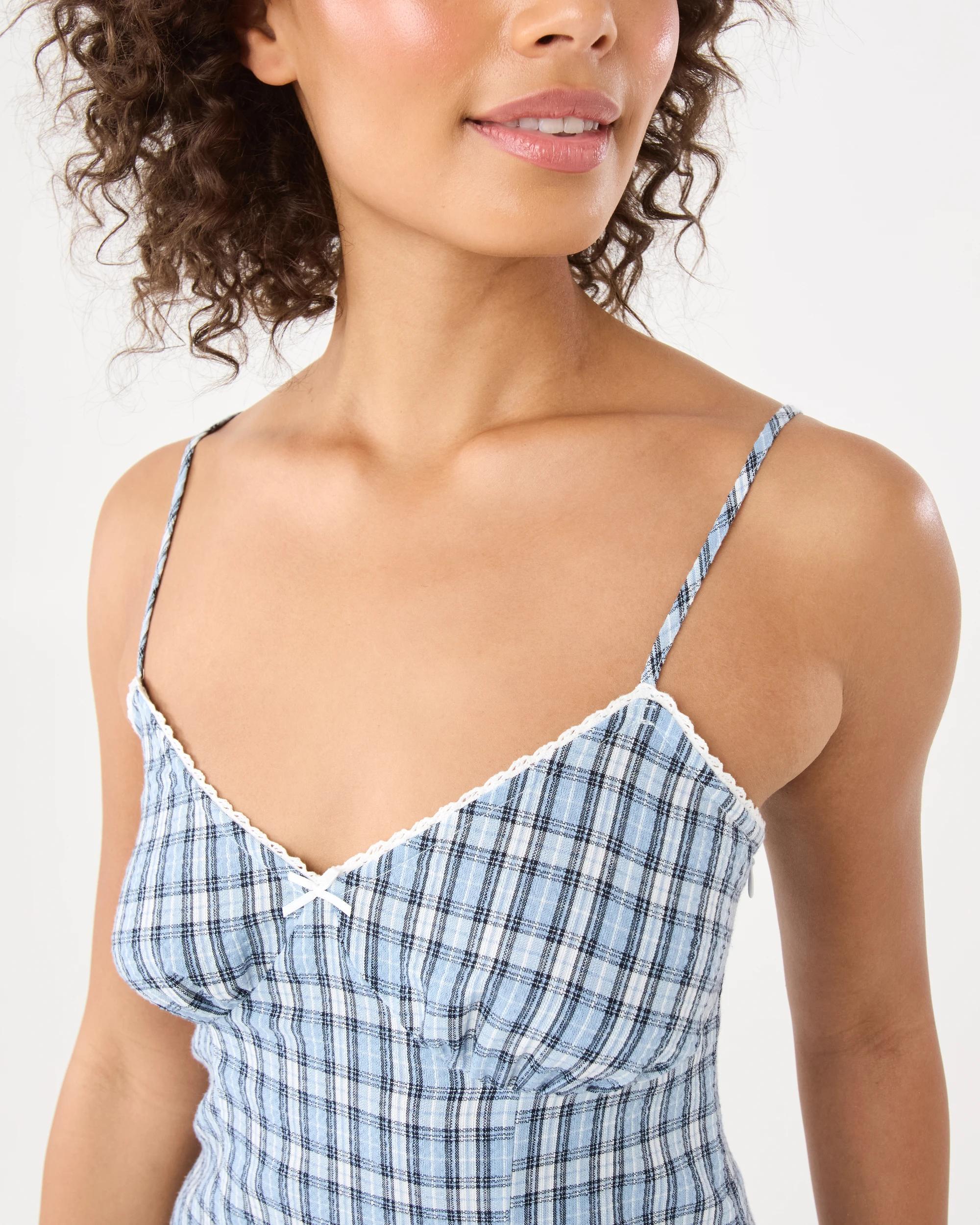8 Sleeveless Check Print Mini Dress Blue Check, 8 of 10