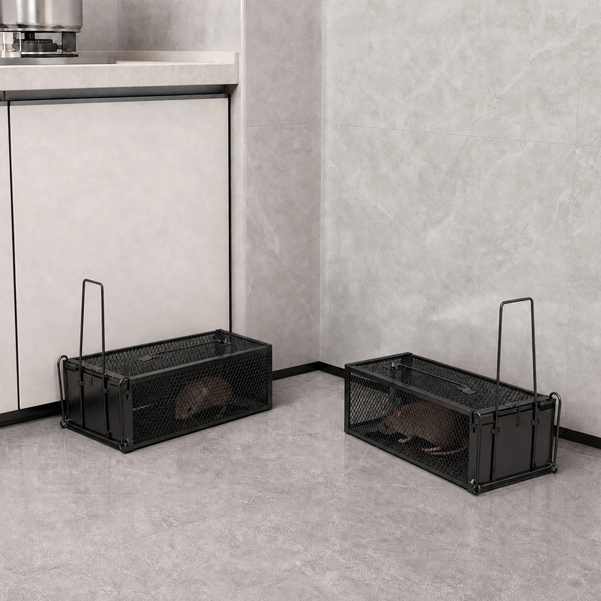 8 Toque Mouse Trap Humane Live Catch Rat Cage Reusable Zinc Iron Garage Black 2pc, 8 of 8