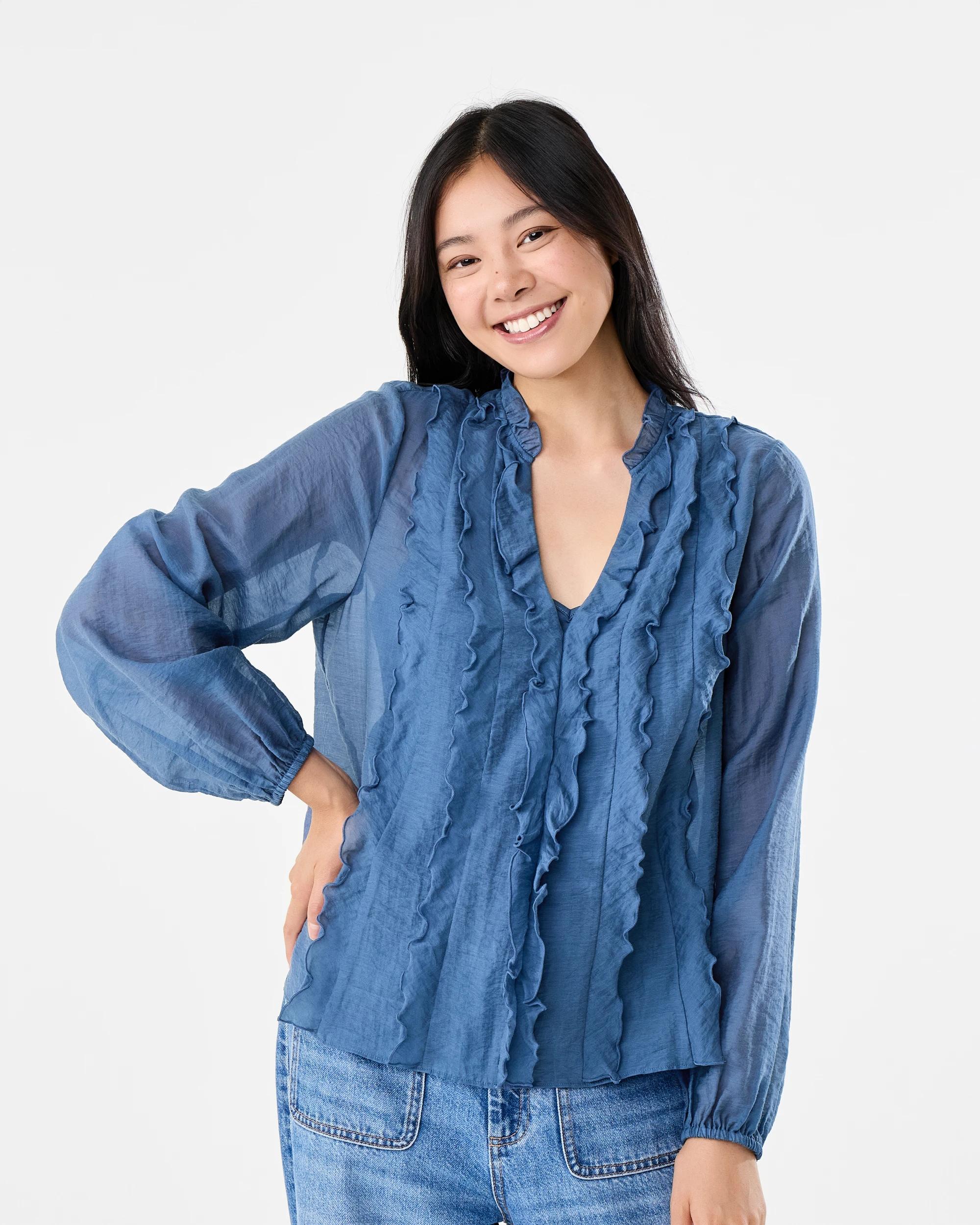 1 Long Sleeve Ruffle Blouse Blu Ink, 1 of 6