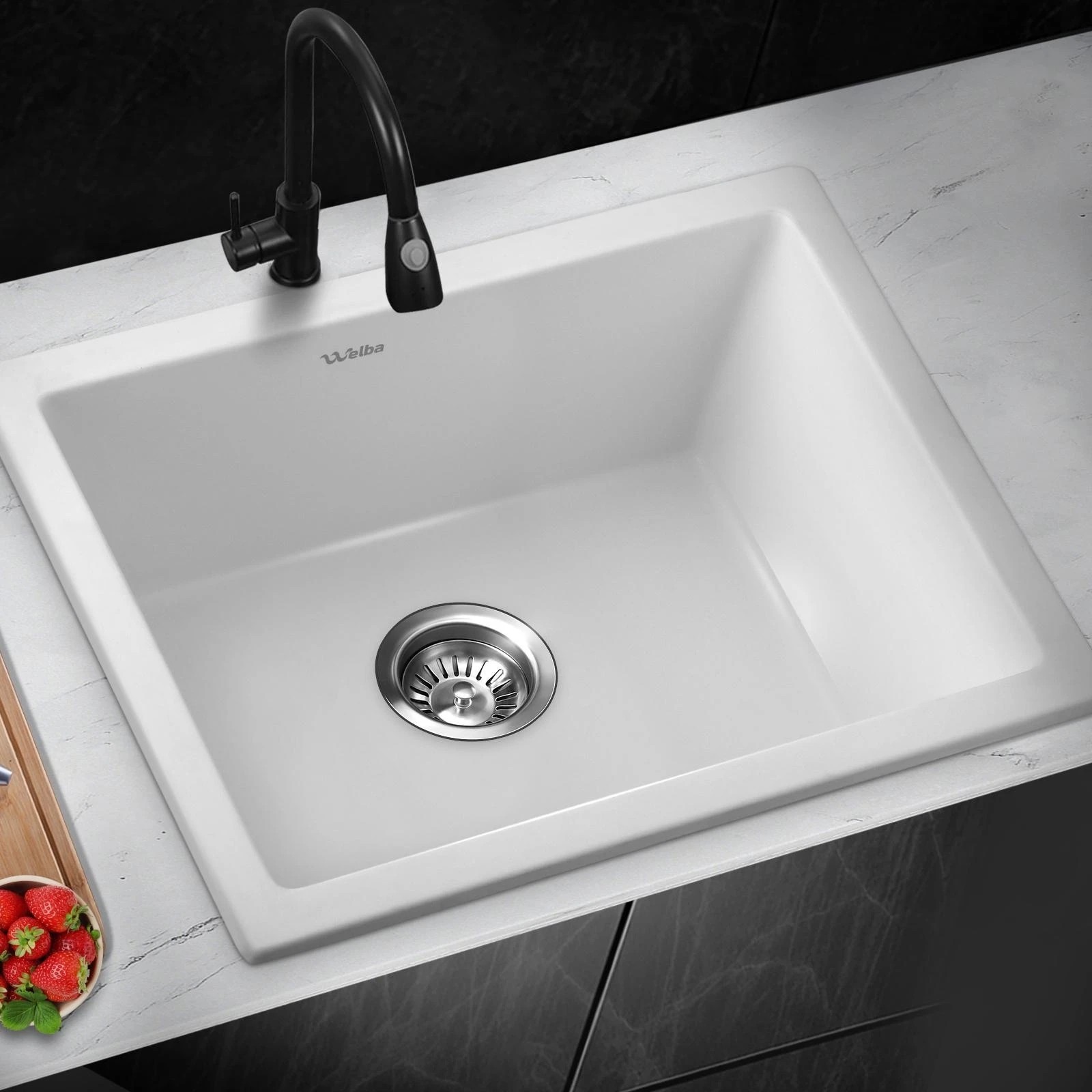 2 Welba Kitchen Sink 55x45cm Granite Stone Sink Laundry Basin Single Bowl - White, 2 of 7