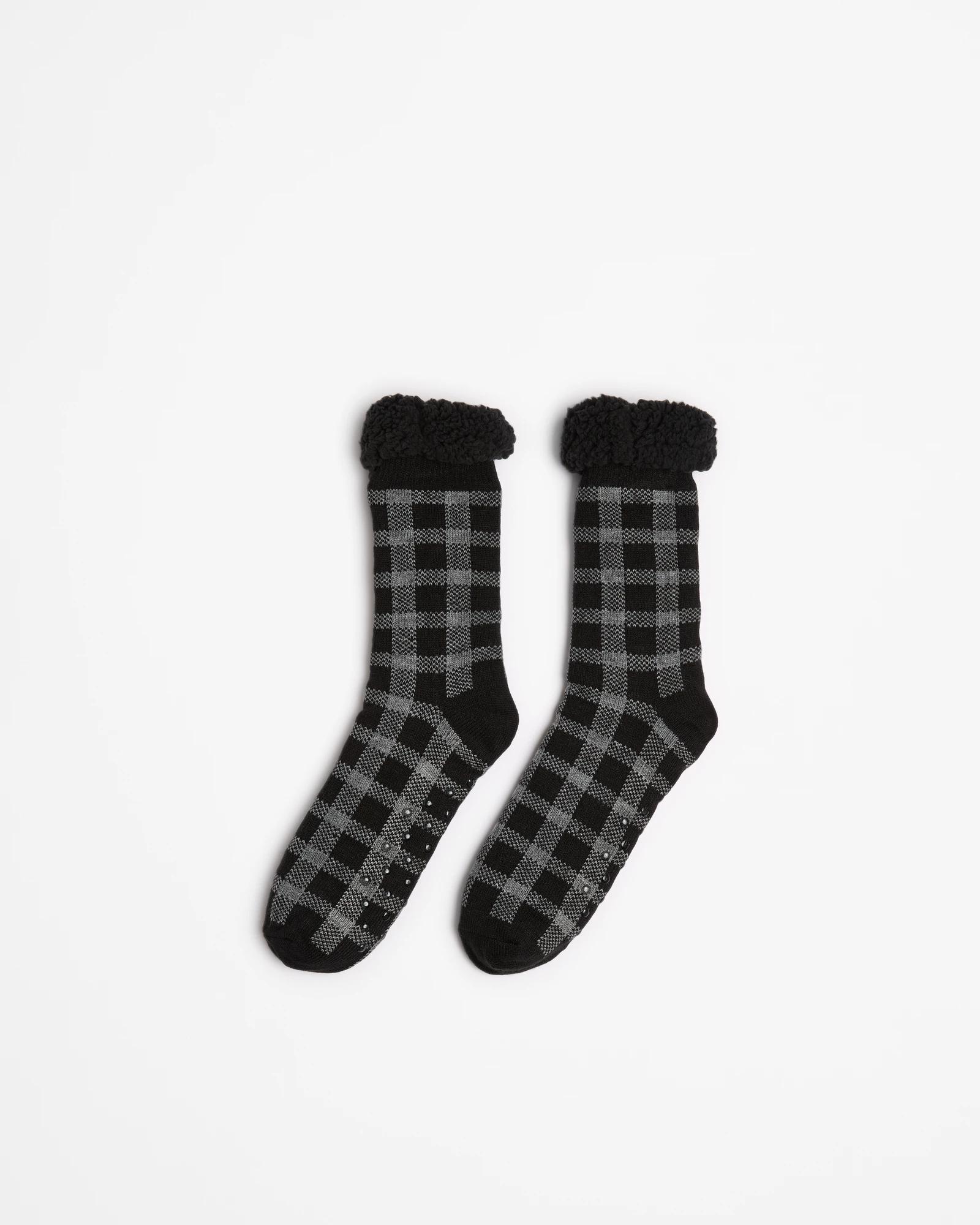 1 Sherpa Lined Crew Home Socks - Maxx BLACK CHECK, 1 of 3