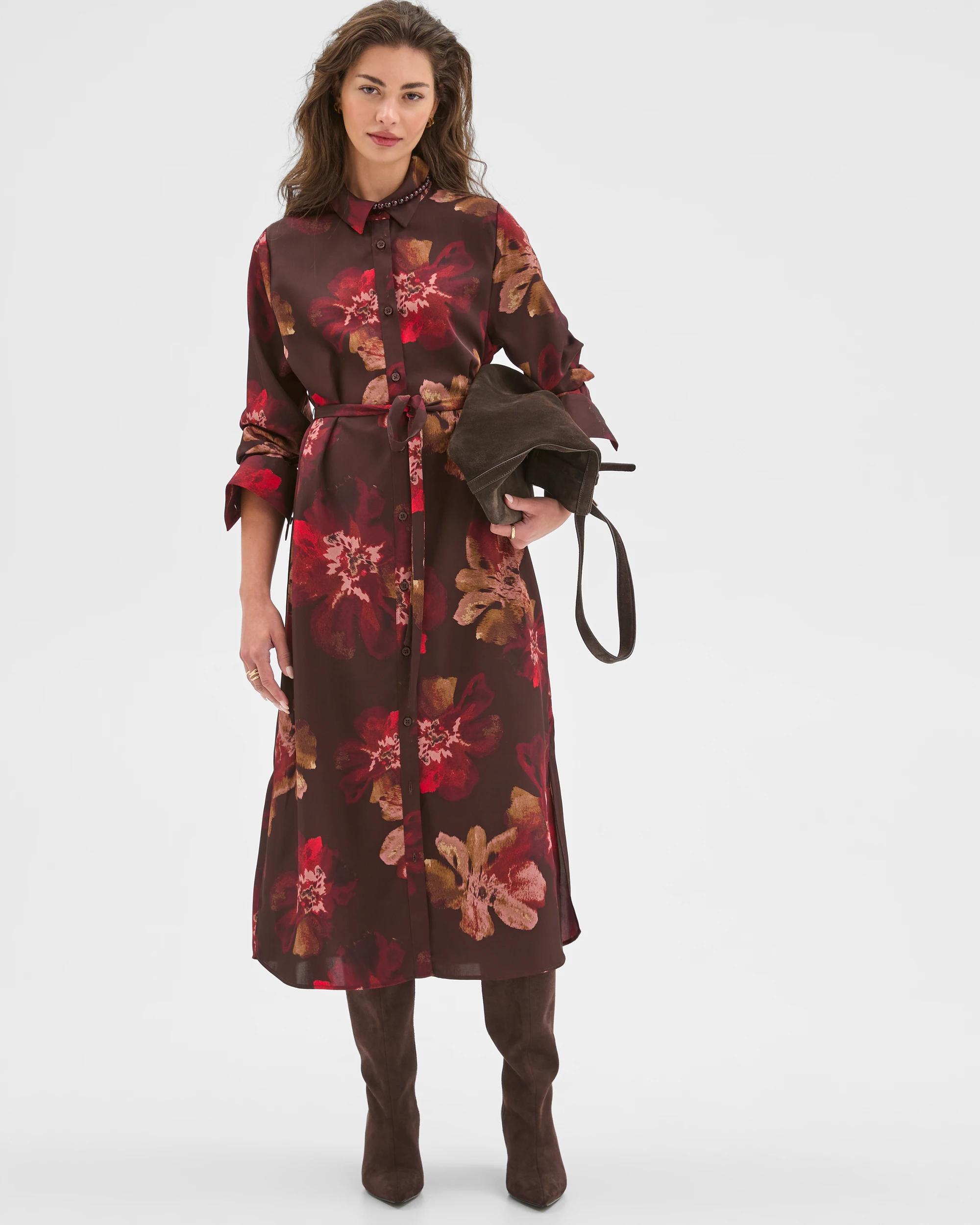 1 Target Petites Petites Long Sleeve Wrap Detail Shirt Dress CHOCOLATE FLORAL, 1 of 7