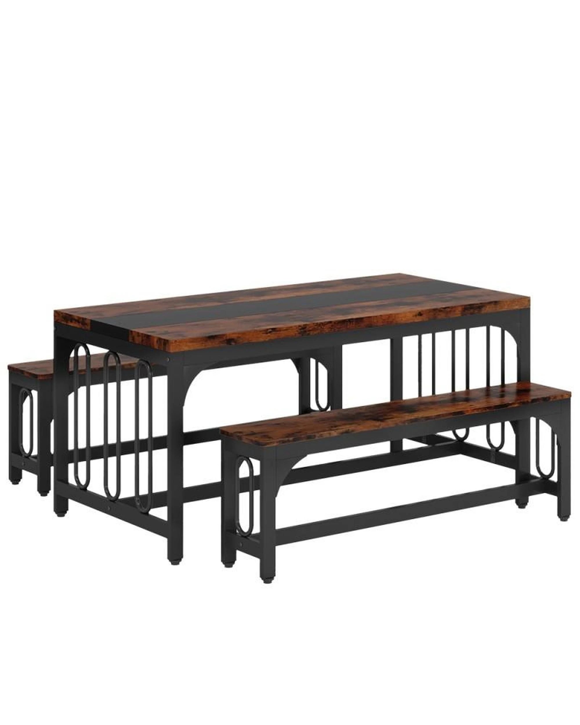 7 OAKORY 3-Piece Dining Table Set for 4, Farmhouse Kitchen Table with 2 Benches for Small Space Brown, 7 of 7