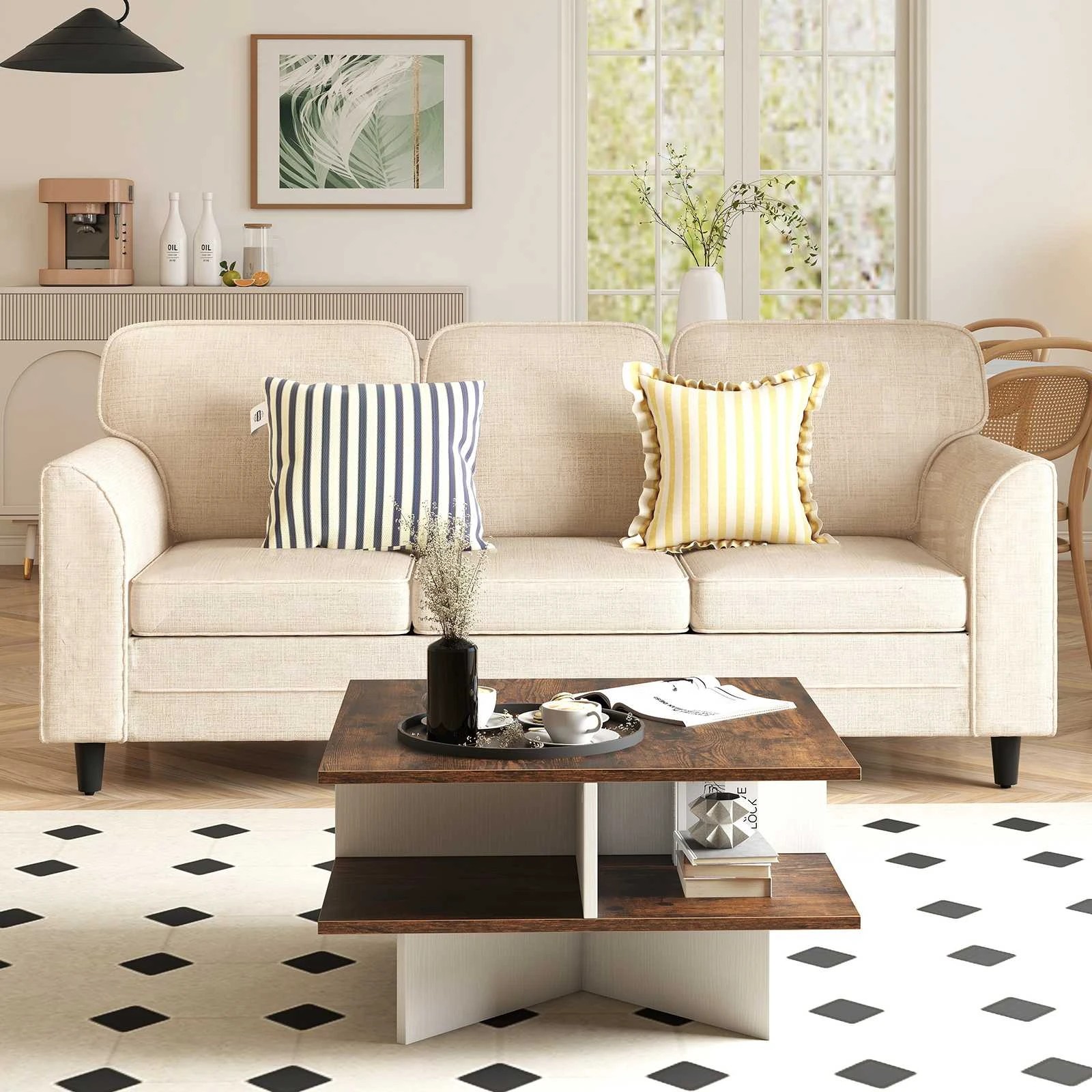 3 Costway 2-Tier Square Coffee Table Center Table Farmhouse Accent Table w/Storage Shelf, 3 of 5