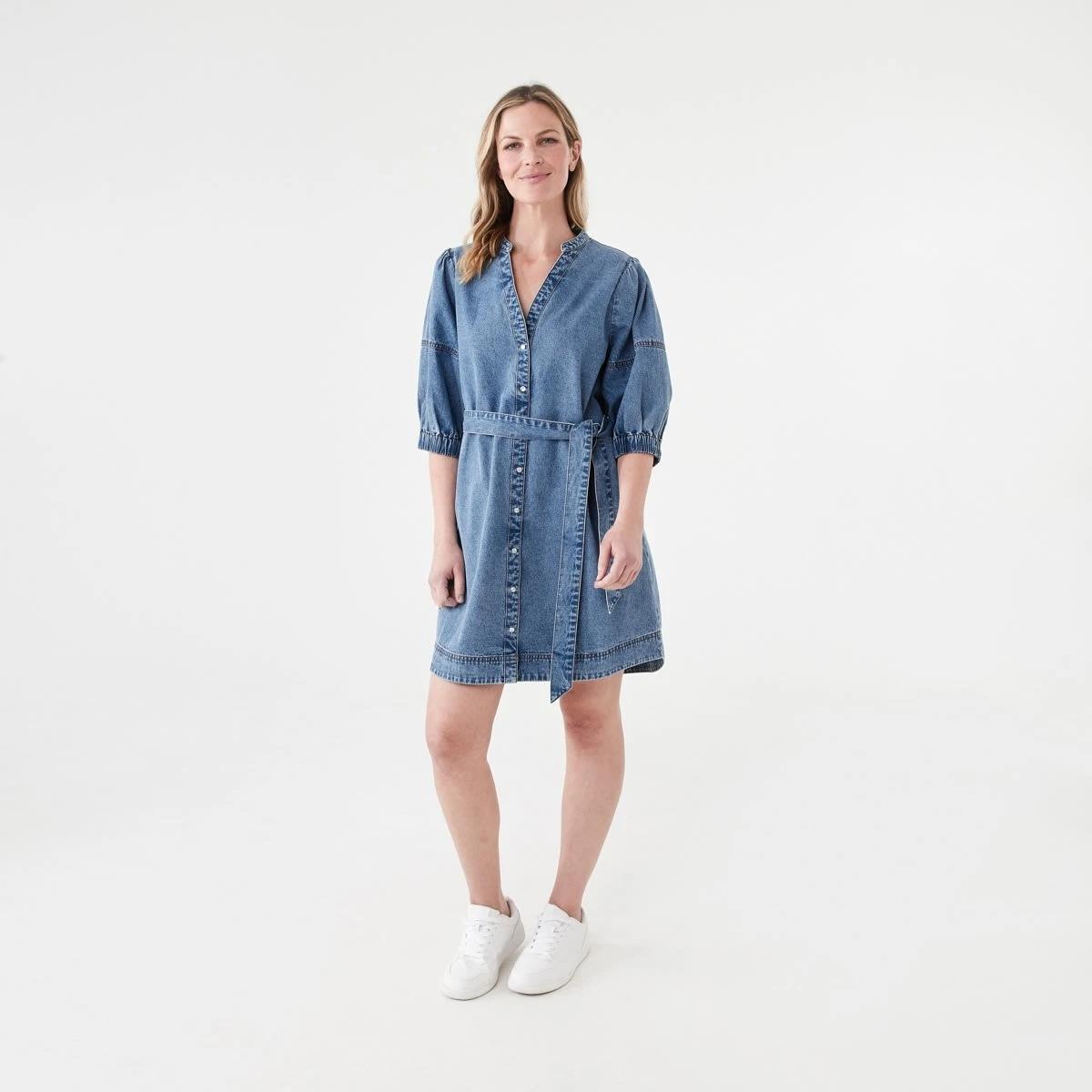 6 Short Sleeve Denim Puff Sleeve Mini Dress LIGHT DENIM WASH, 6 of 6