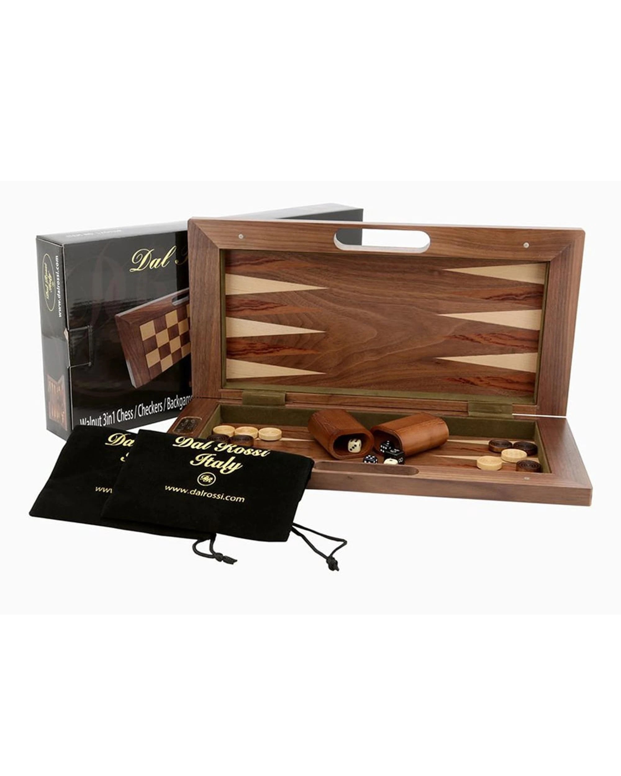 1 Dal Rossi 16 inch Walnut Folding 3-in-1 Chess/Backgammon/Checkers Set, 1 of 4