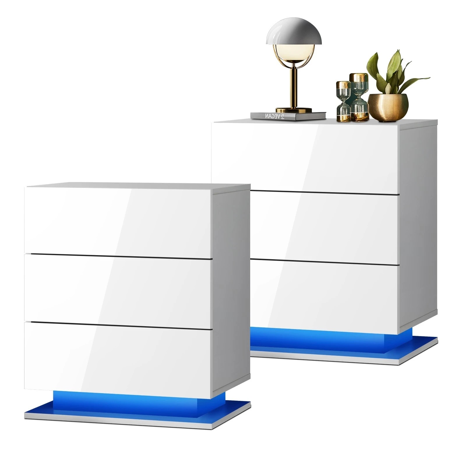 1 Oikiture Bedside Tables Set of 2 LED Side Table Nightstand Cabinet 3 Drawers - White, 1 of 5