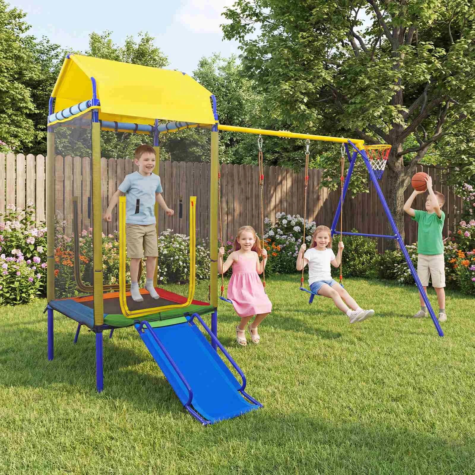 2 Costway 5in1 Swing Set w/Trampoline Metal Outdoor Playset - Yellow, 2 of 2