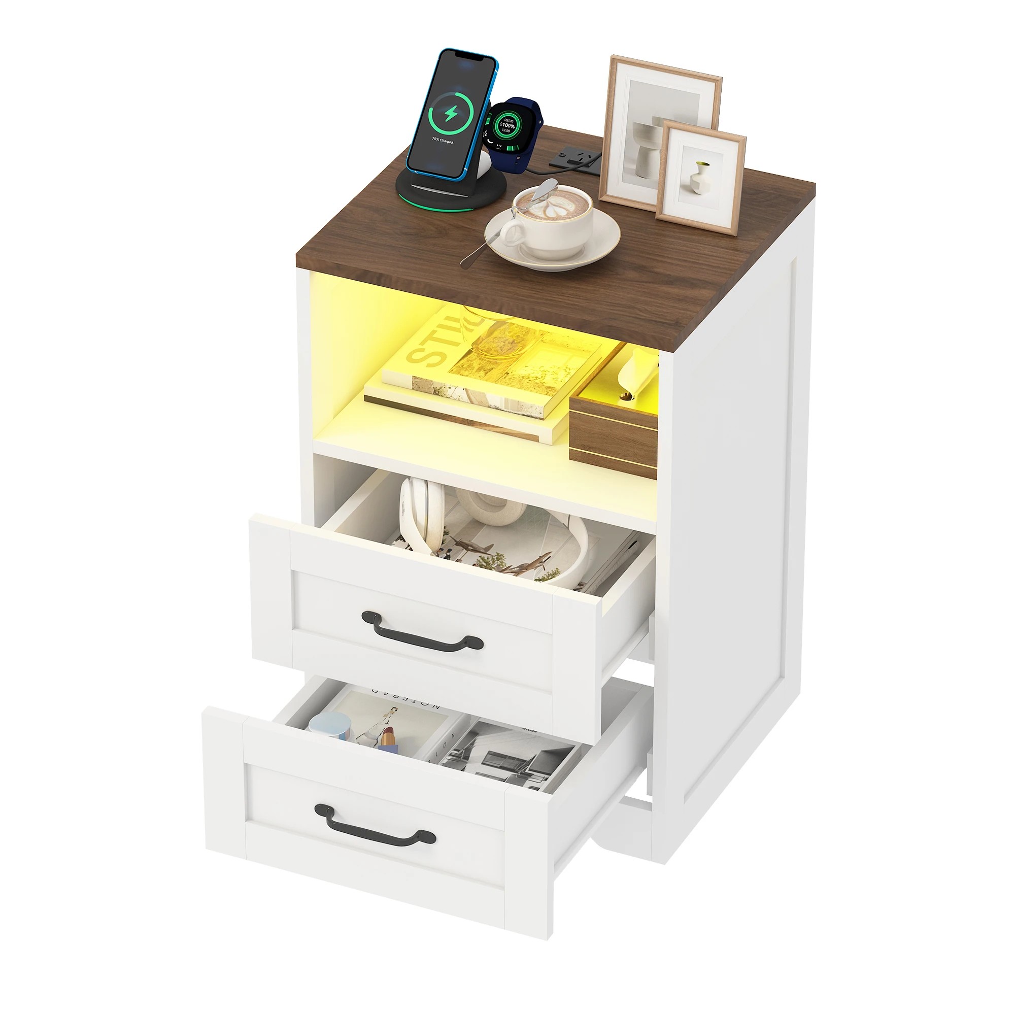 4 Advwin Farmhouse Bedside Table with 2 Drawers, Charging Station & LED Light - White, 4 of 8